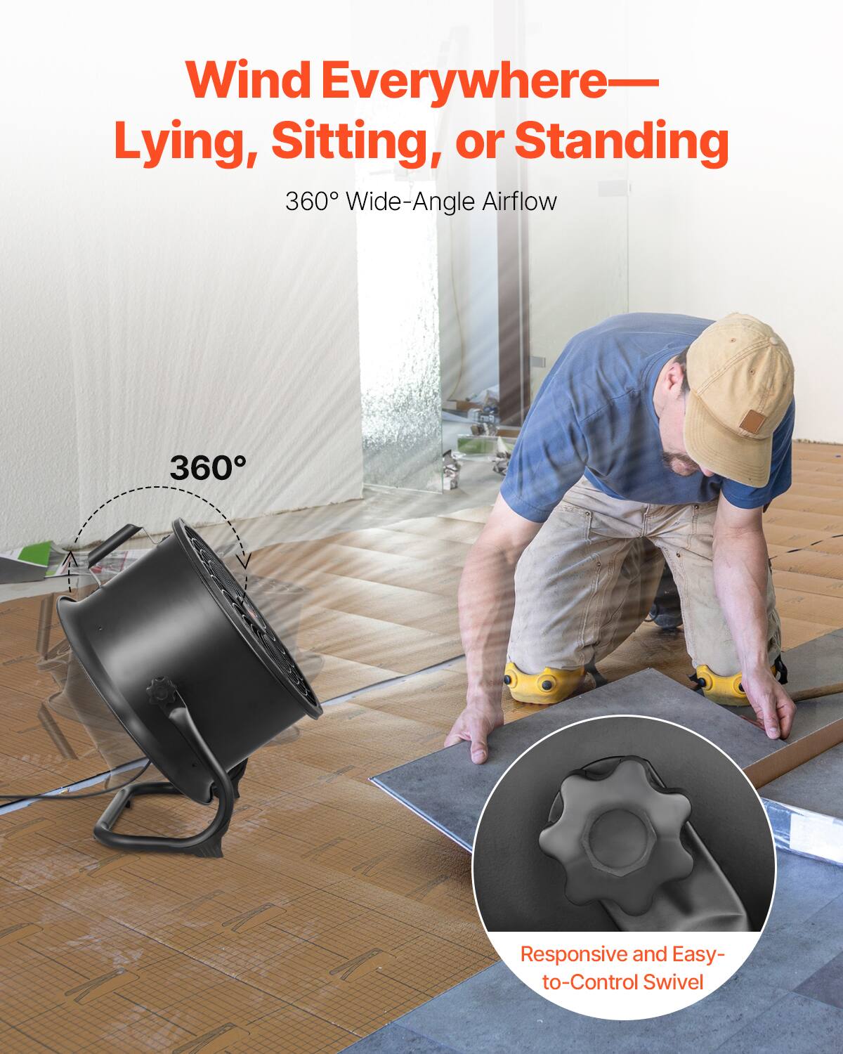 Wind Everywhere—  
Lying, Sitting, or Standing  

360° Wide-Angle Airflow  

360°  

Responsive and Easy-to-Control Swivel