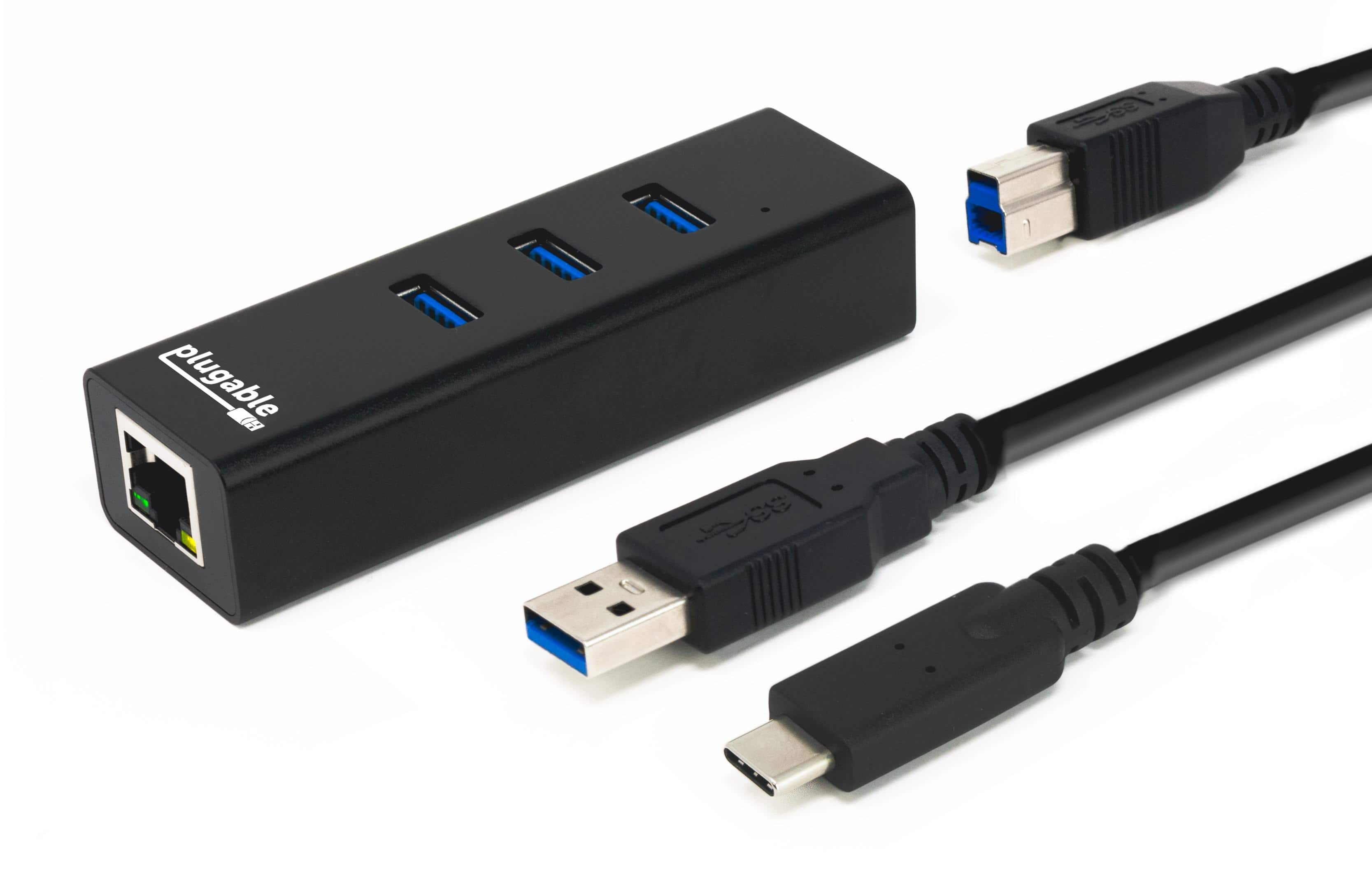 Plugable - Travel Compact USB 3.0 Hub with Gigabit LAN – USB-C/A Compatible with Windows, macOS, Linux & ChromeOS - Space Grey
