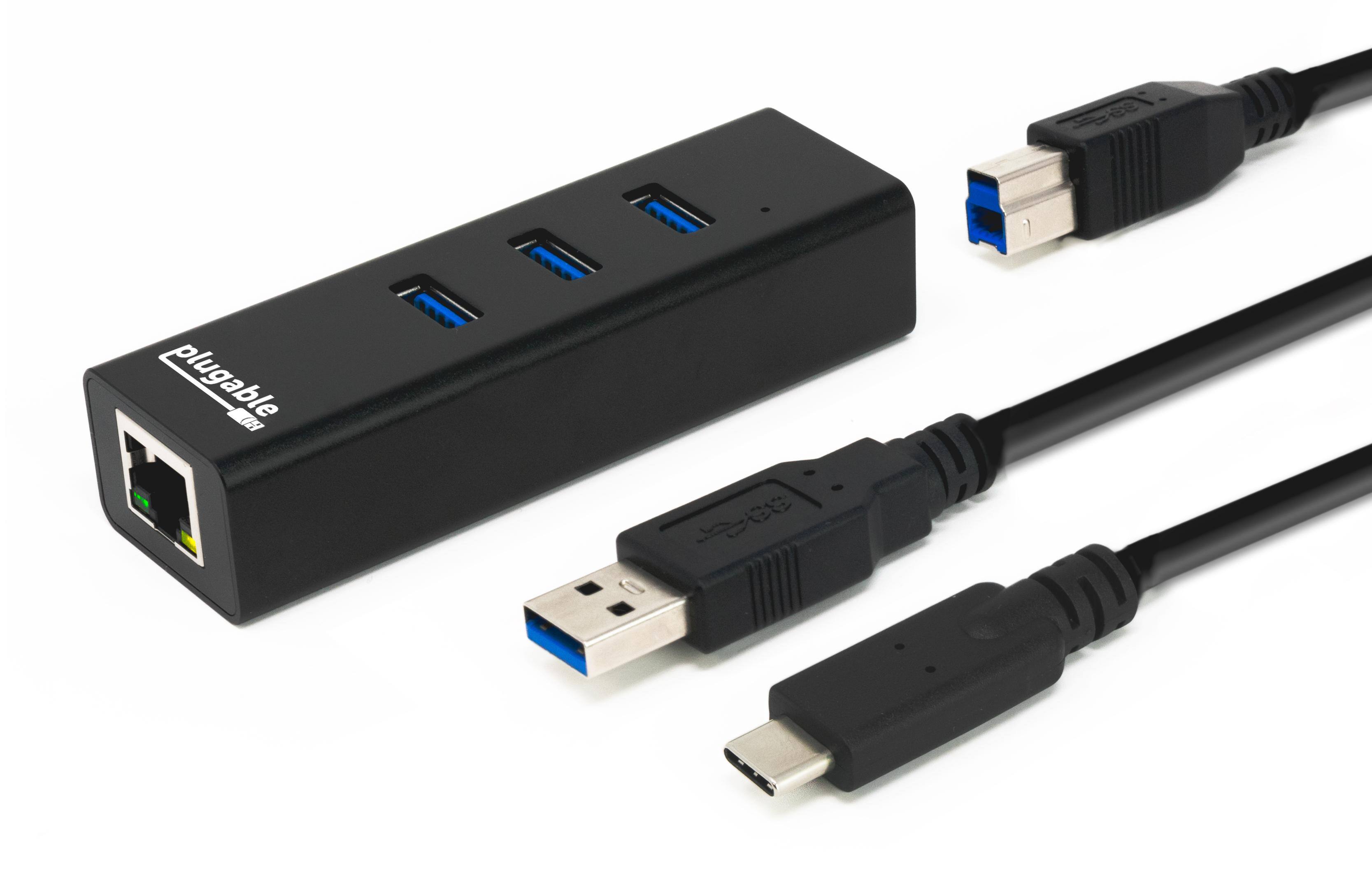 Front. Plugable - Travel Compact USB 3.0 Hub with Gigabit LAN – USB-C/A Compatible with Windows, macOS, Linux & ChromeOS - Space Grey.