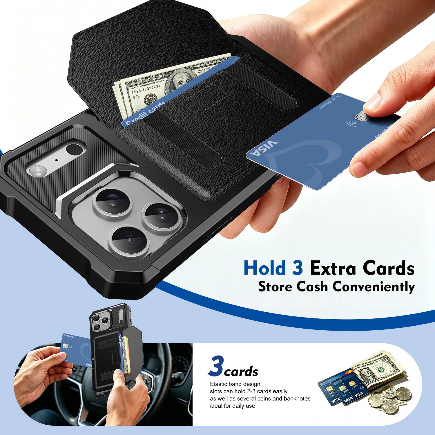 IRGR a 11 1 31 Carde Credit VISA S R9r Hold 3 Extra Cards Store Cash Conveniently MI 3 3cards cards Elastic band design slots can hold 2-3 cards easily as well as several coins and banknotes ideal for daily use VISA VISA VISA