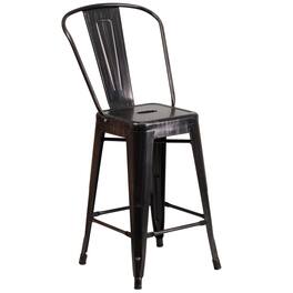Emma + Oliver - Commercial Grade 24"H Colorful Metal Indoor-Outdoor Counter Stool with Back - Black-Antique Gold