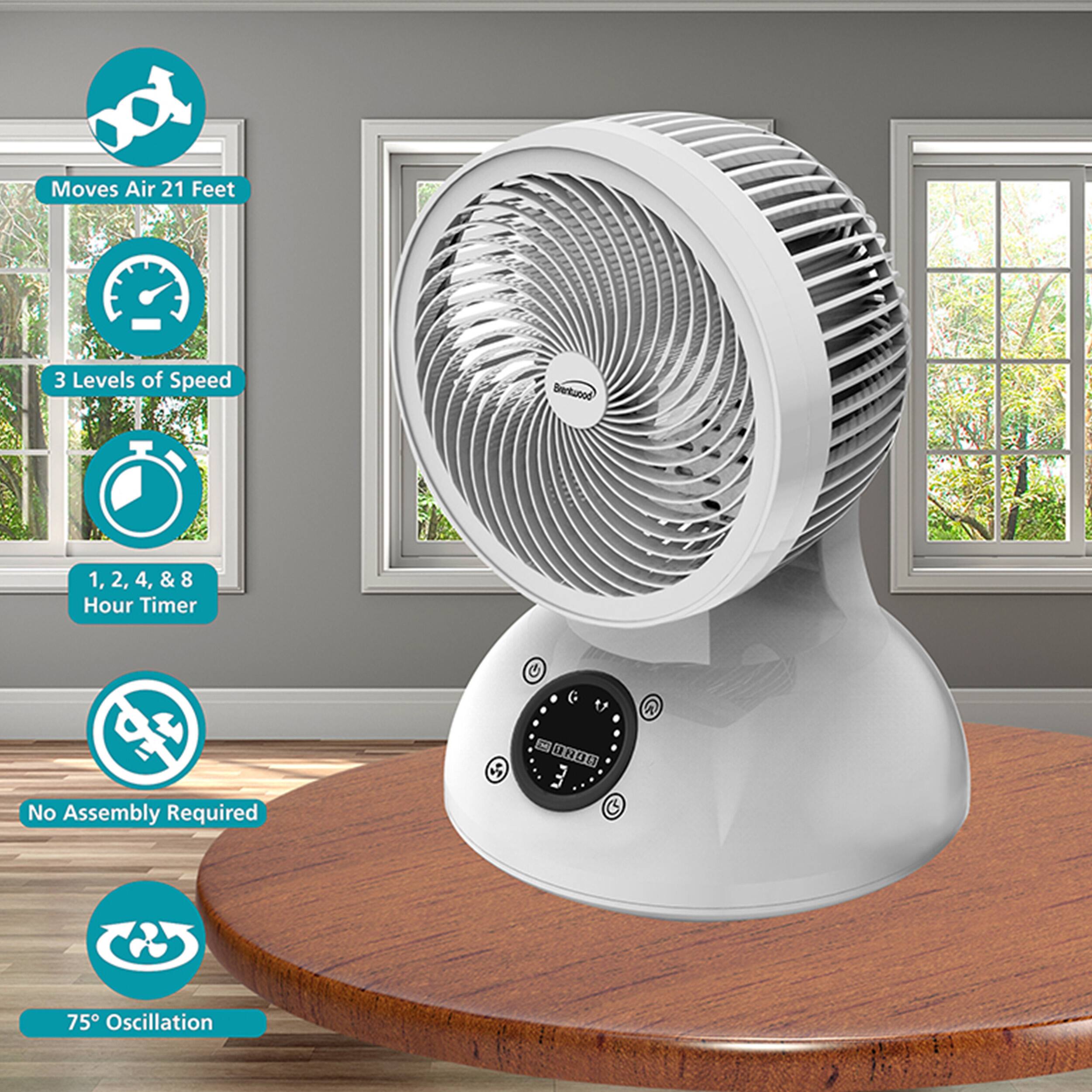 Moves Air 21 Feet  
3 Levels of Speed  
1, 2, 4, & 8 Hour Timer  
No Assembly Required  
75° Oscillation