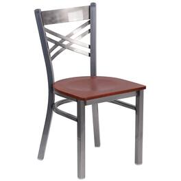 Emma + Oliver - Clear Coated "X" Back Metal Restaurant Dining Chair - Cherry Wood Seat/Clear Coated Metal Frame
