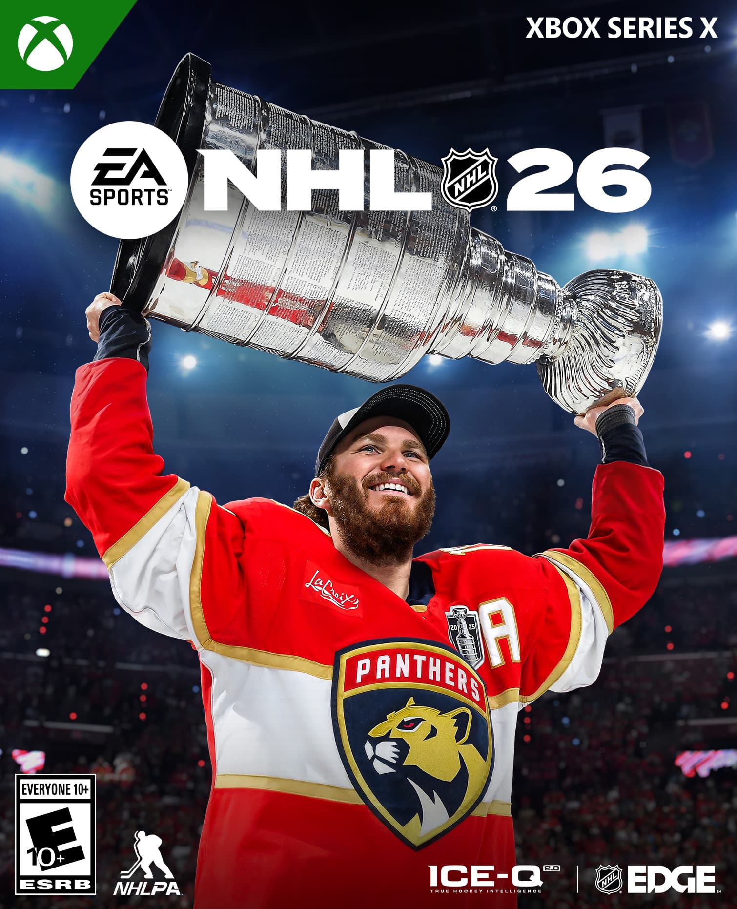 The text in the image is:
"XBOX SERIES X EA SPORTS NHL 26
PANTHERS
EVERYONE 10+
ESRB
NHLPA
ICE-Q
EDGE"