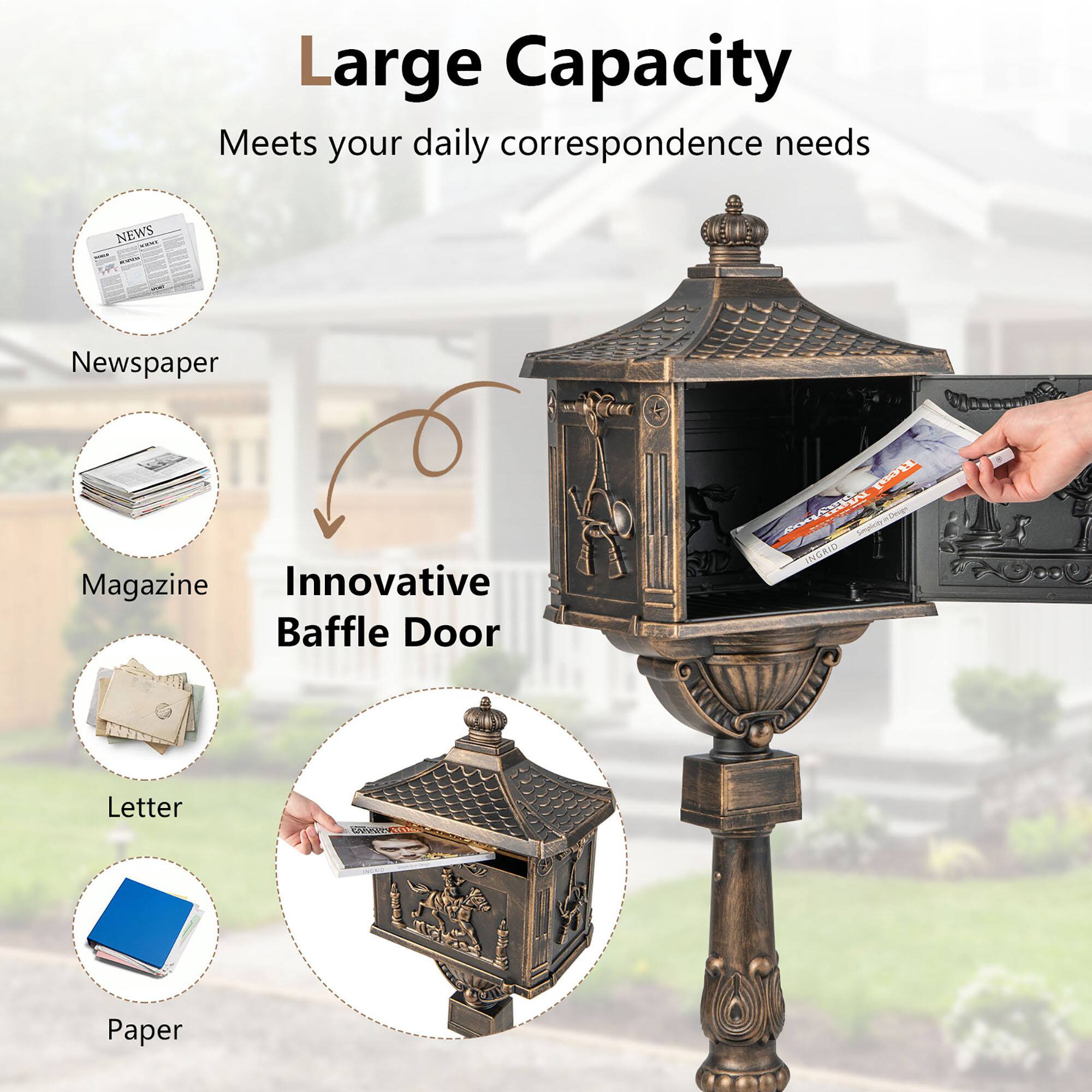 Large Capacity  
Meets your daily correspondence needs  

- Newspaper  
- Magazine  
- Letter  
- Paper  

Innovative Baffle Door