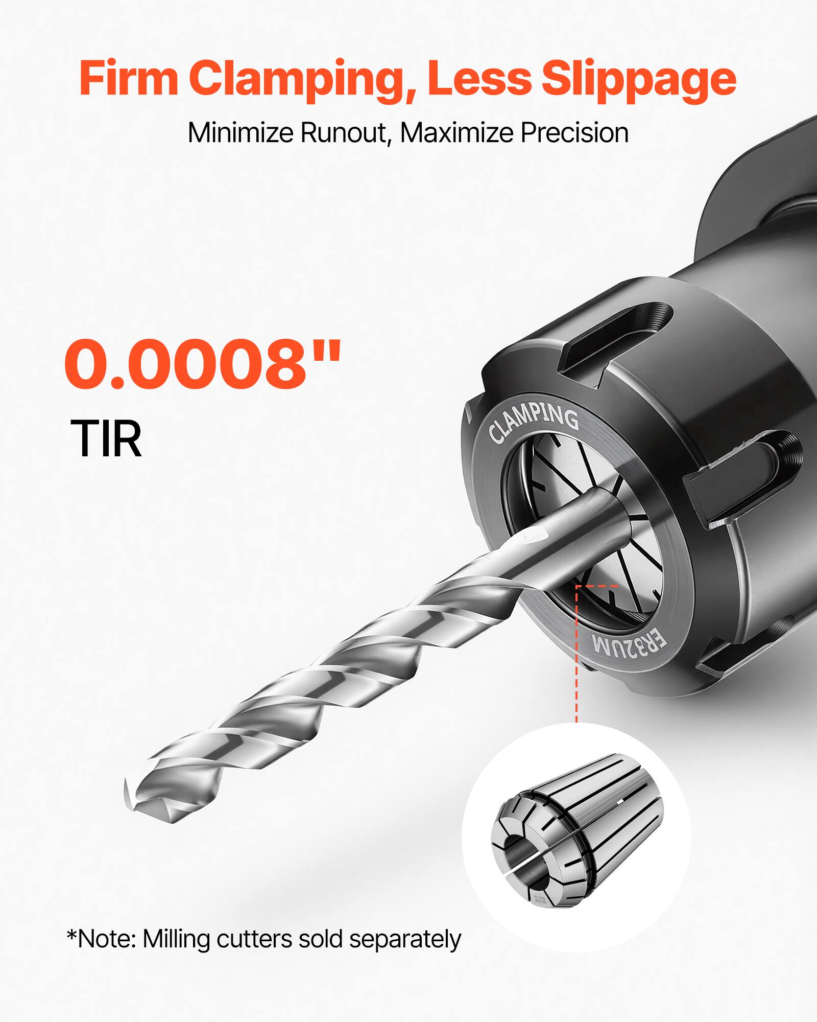 Firm Clamping, Less Slippage  
Minimize Runout, Maximize Precision  
0.0008" TIR  
CLAMPING  
ER32UM  
*Note: Milling cutters sold separately