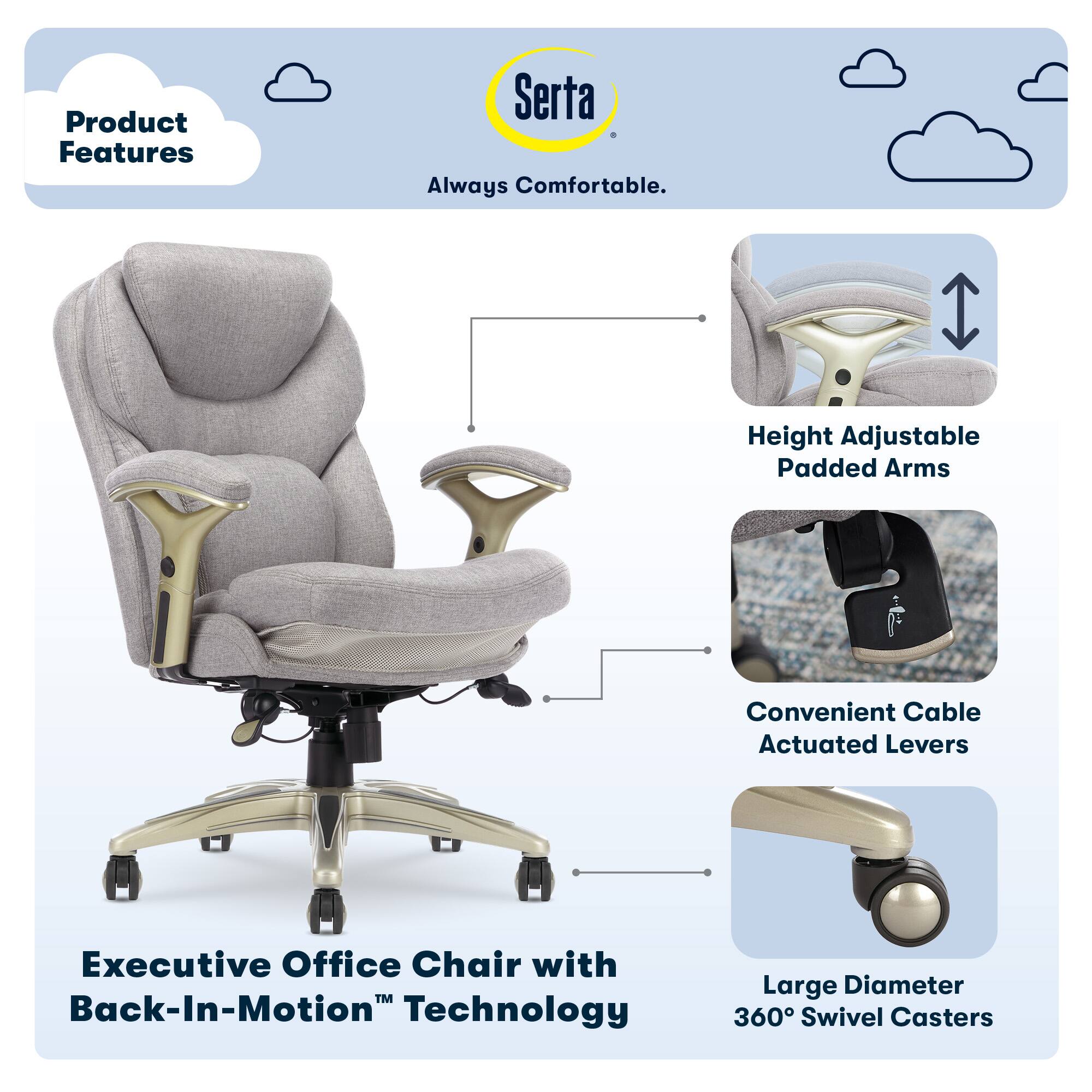 The image features an executive office chair with a back-in-motion technology, which provides comfort and support to the user. The chair has height-adjustable padded arms, making it convenient for users to adjust the chair's height according to their preferences. Additionally, the chair has a large diameter, allowing for smooth and easy movement. The chair also has 360 swivel casters, providing the user with a full range of motion. The product is designed by Serta, ensuring that it is always comfortable and reliable.