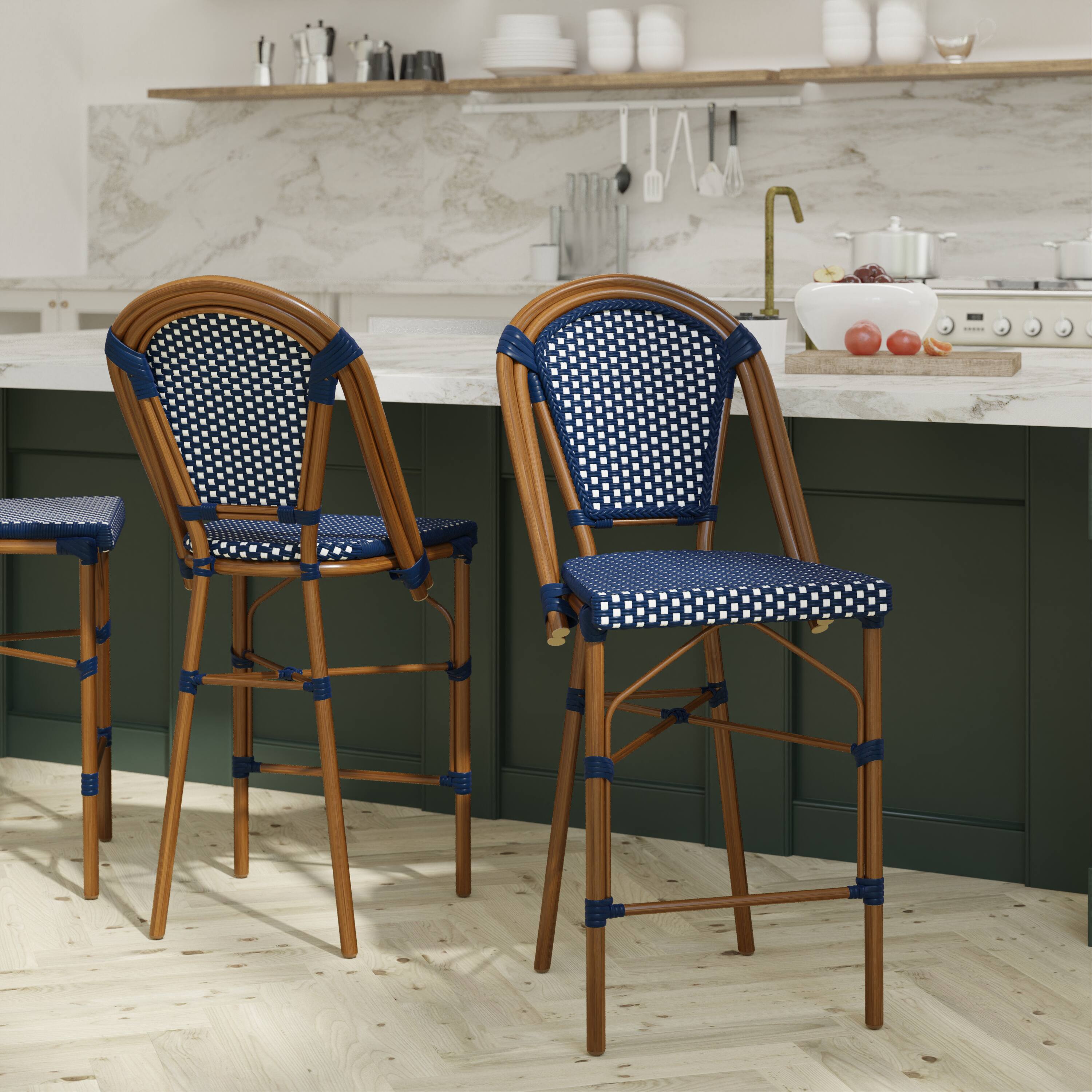 Alt View 2. Emma + Oliver - Soie Set of Two 26" High Stacking Bistro Counter Stools with PE Seat and Back and Metal Frames for Indoor/Outdoor Use - Navy & White/Natural Frame.