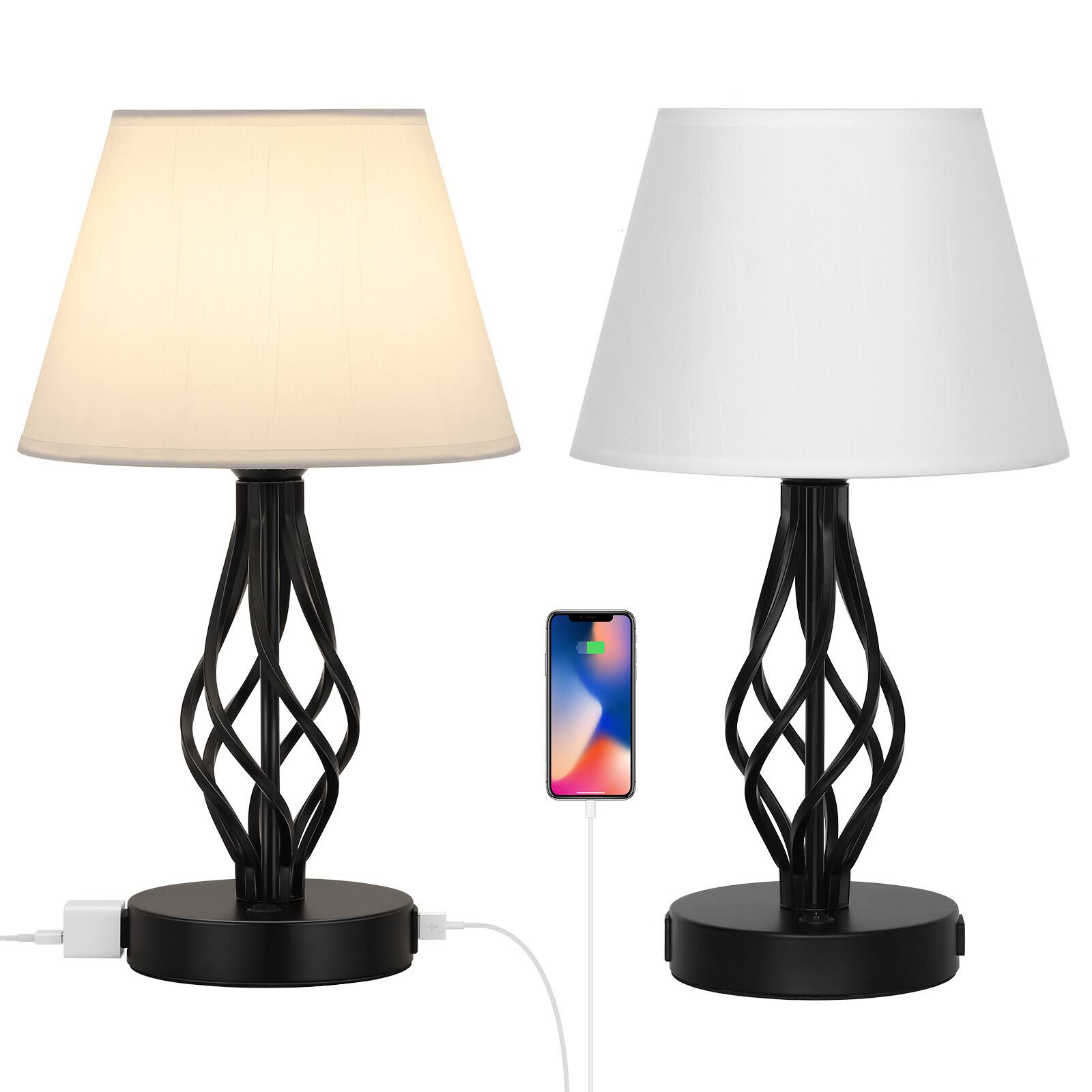 Front. Oumilen - 2-Piece Table Lamp Set, Black Metal with White Linen Shades.