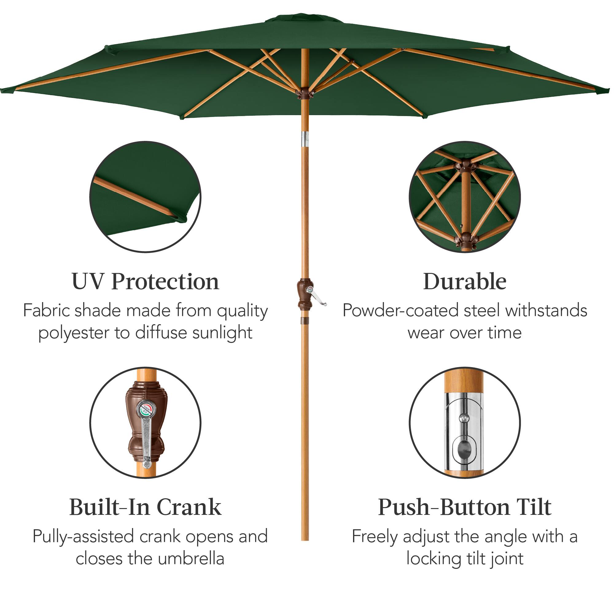 UV Protection: Fabric shade made from quality polyester to diffuse sunlight.

Durable: Powder-coated steel withstands wear over time.

Built-In Crank: Pulley-assisted crank opens and closes the umbrella.

Push-Button Tilt: Freely adjust the angle with a locking tilt joint.