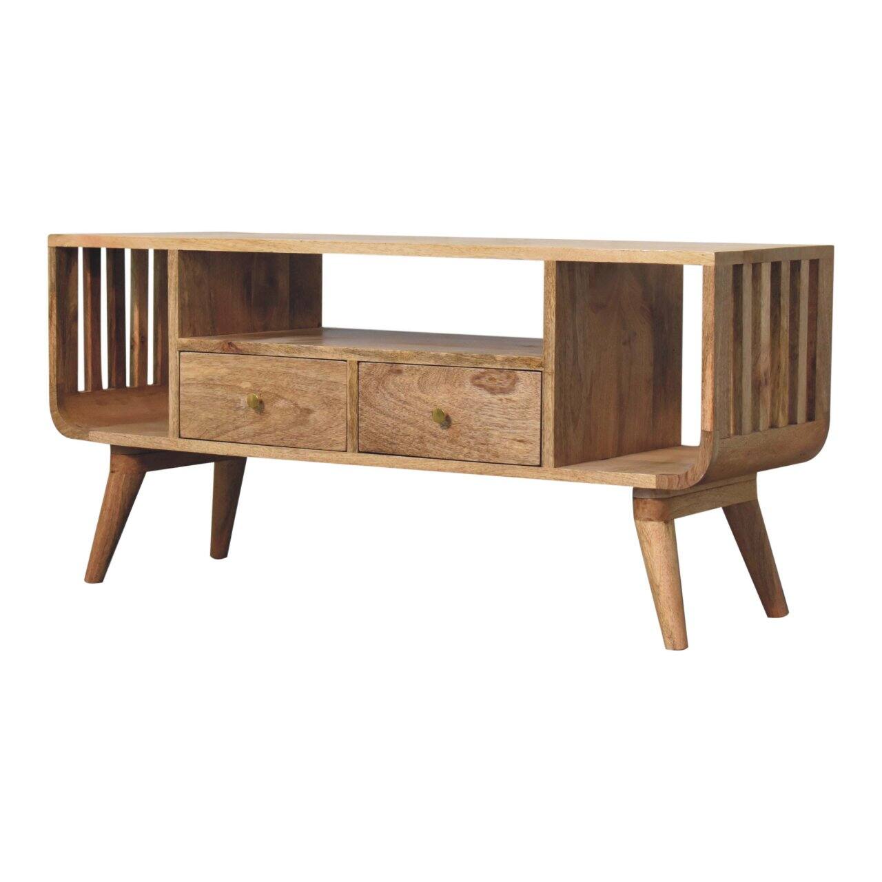 Left. Artisan Furniture - Artisan Furniture Solid Wood Soba Nordic Multi Media Unit, 2 Drawers, 3 Shelves, Brown - Beige.