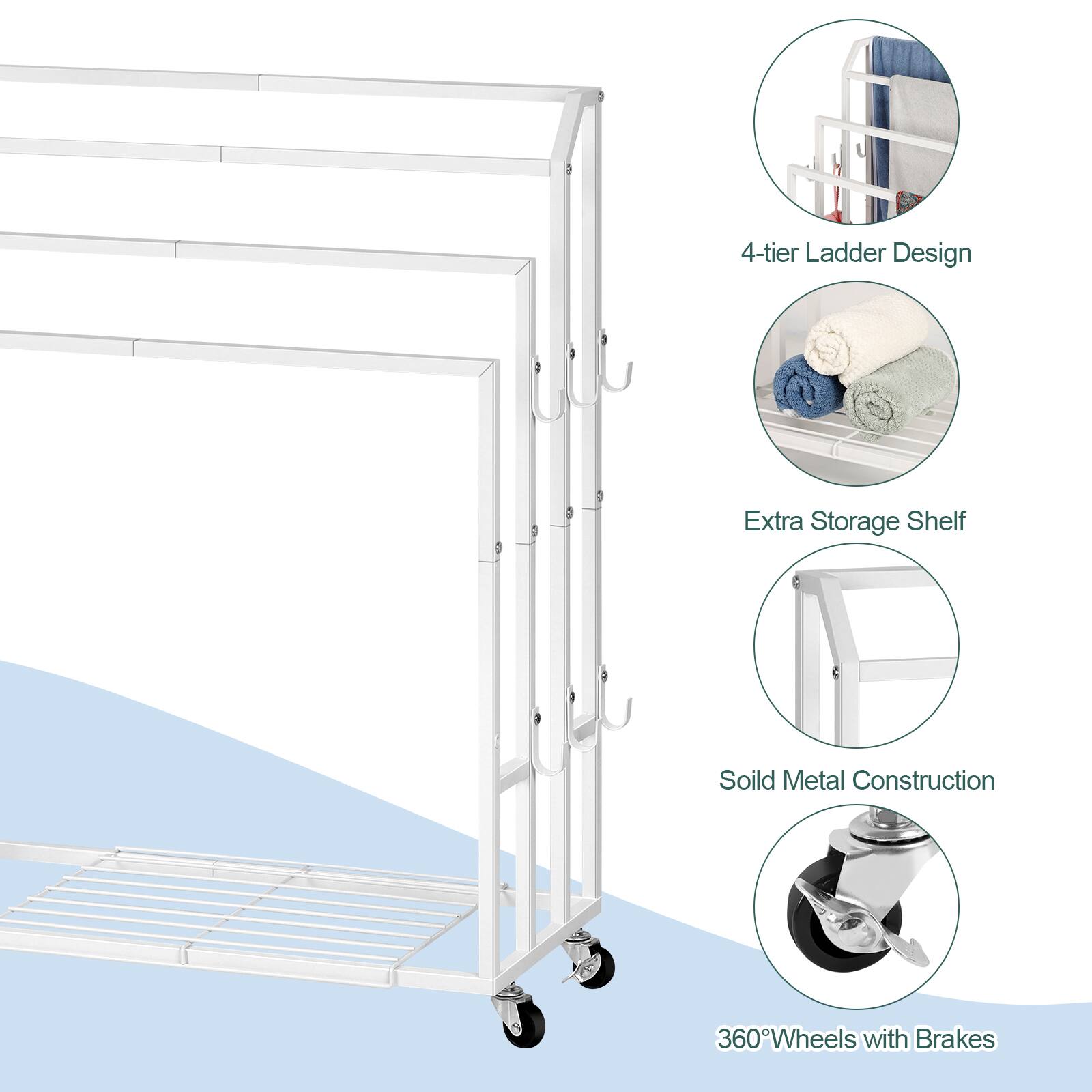 4-tier Ladder Design  
Extra Storage Shelf  
Solid Metal Construction  
360° Wheels with Brakes
