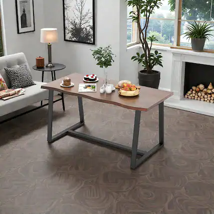 Front. Hivvago - Wide 63-Inch Table with Decorative Wavy Edge and Durable Metal Structure - Coffee.