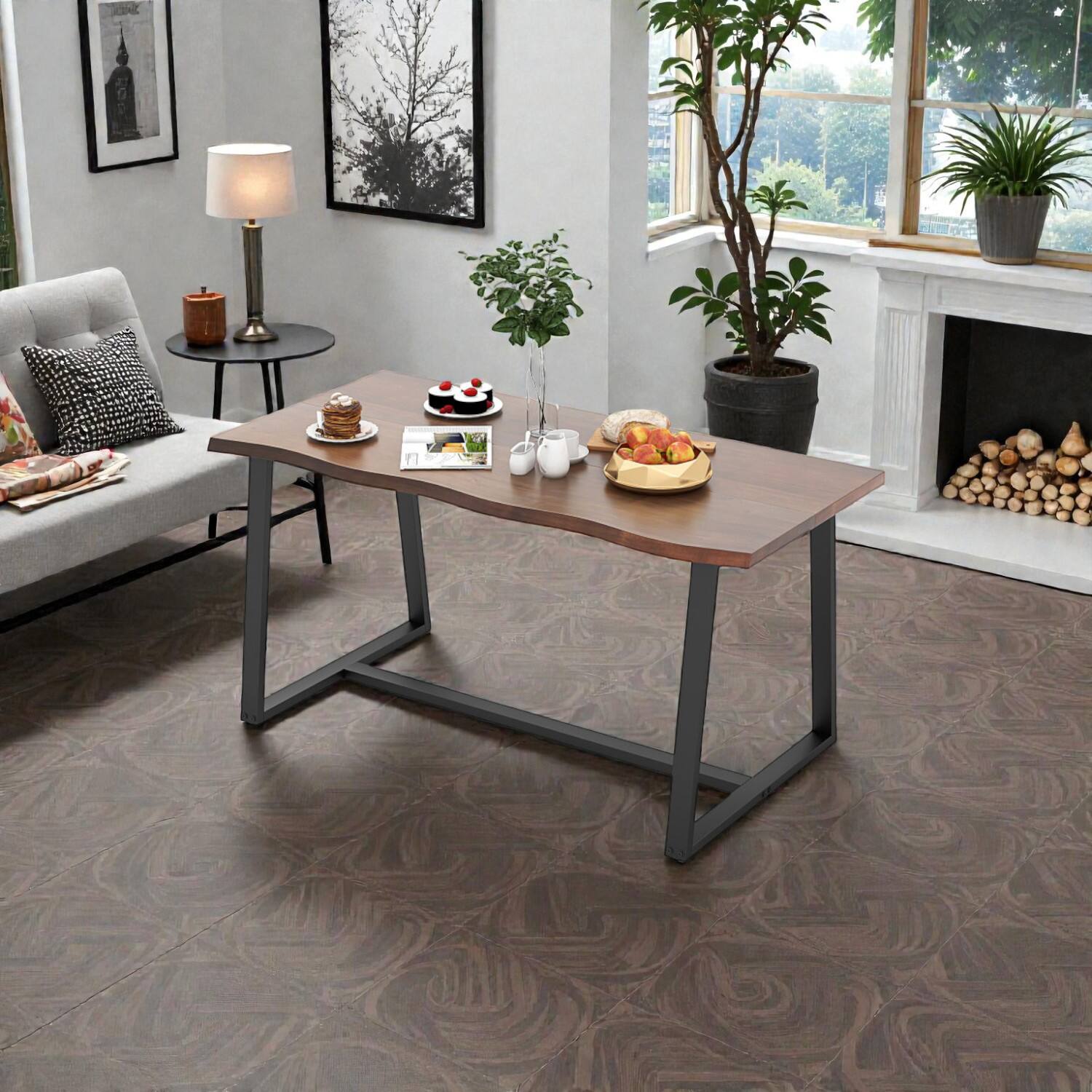 Front. Hivvago - Wide 63-Inch Table with Decorative Wavy Edge and Durable Metal Structure - Coffee.