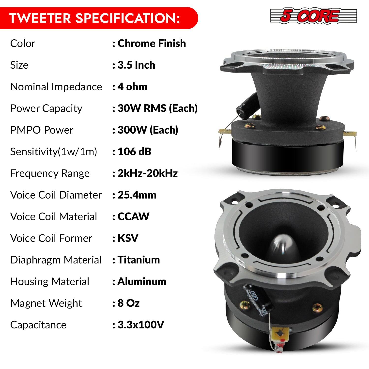 TWEETER SPECIFICATION: 5 CORE
Color : Chrome Finish
Size : 3.5 Inch
Nominal Impedance : 4 ohm
Power Capacity : 30W RMS (Each)
PMPO Power : 300W (Each)
Sensitivity(1w/1m) : 106 dB
Frequency Range : 2kHz-20kHz
Voice Coil Diameter : 25.4mm
Voice Coil Material : CCAW
Voice Coil Former : KSV
Diaphragm Material : Titanium
Housing Material : Aluminum
Magnet Weight : 8 Oz
Capacitance : 3.3x100V