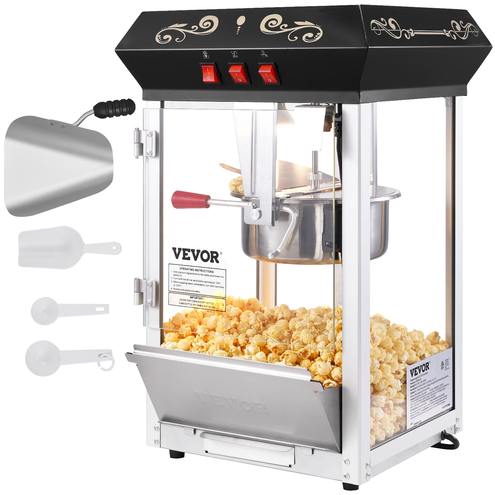 VEVOR - Popcorn Maker, 850W Popcorn Popper Machine, 8 Oz Kettle Makes 48 Cups per Batch, Countertop Popcorn Maker - Black