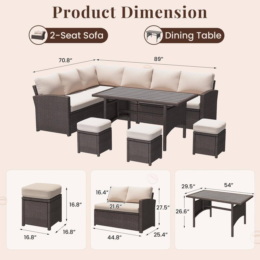 Product Dimension

2-Seat Sofa
- Length: 70.8"
- Width: 89"
- Height: 29.5"
- Seat Height: 16.8"
- Armrest Height: 21.6"
- Depth: 27.5"
- Back Height: 26.6"
- Cushion Thickness: 16.4"
- Cushion Width: 44.8"
- Cushion Depth: 25.4"

Dining Table
- Length: 54"
- Width: 29.5"