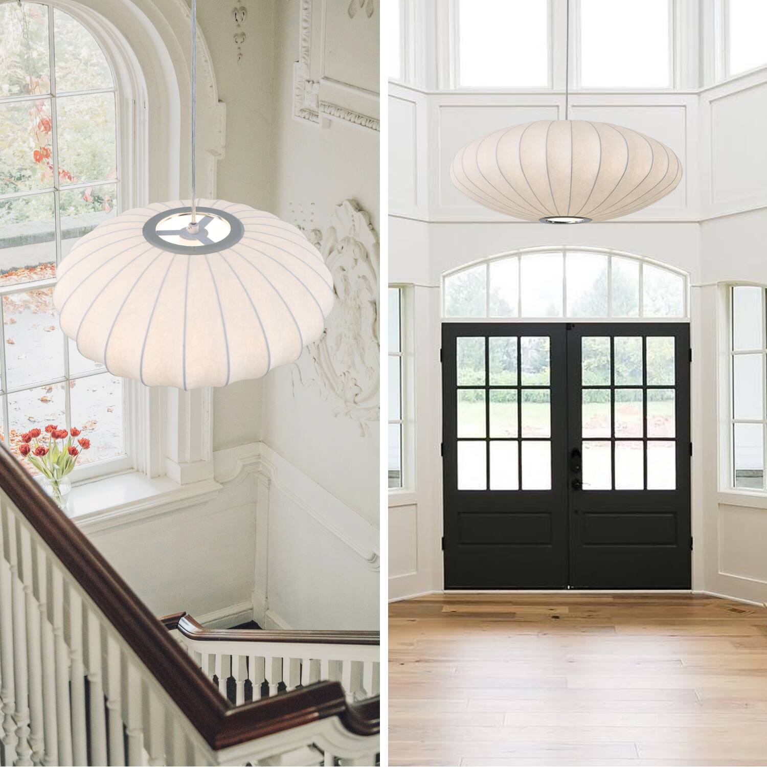 Alt View 2. Umeiluce - 19.7 Inches Mid-century Pendant Light Oval Silk Shade Dimmable - White.
