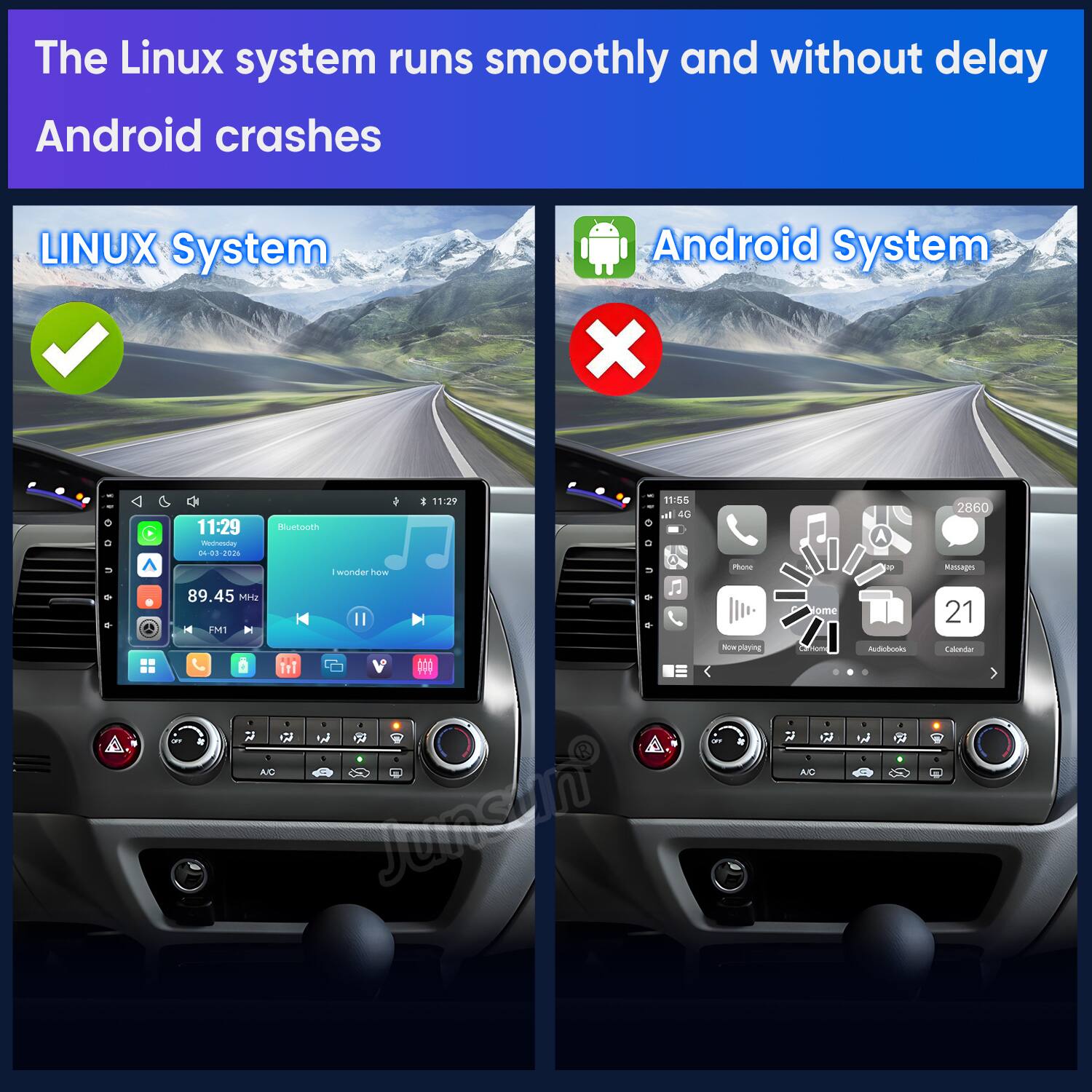 The Linux system runs smoothly and without delay. Android crashes.

LINUX System
Android System

11:29 Wednesday 04-03-2025

Bluetooth
I wonder how

11:29
0

11:55
4G

Phone
UP
2860 Messages
89.45 MHz FM1
Now playing 1
AC Junson
Audiobooks
21 Calendar