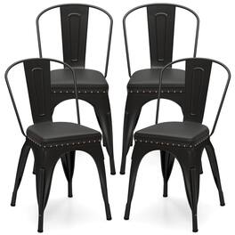 Costway - Stackable Metal Dining Chairs Set of 4 w/ Backrest & PU Leather Padded Seat - Black