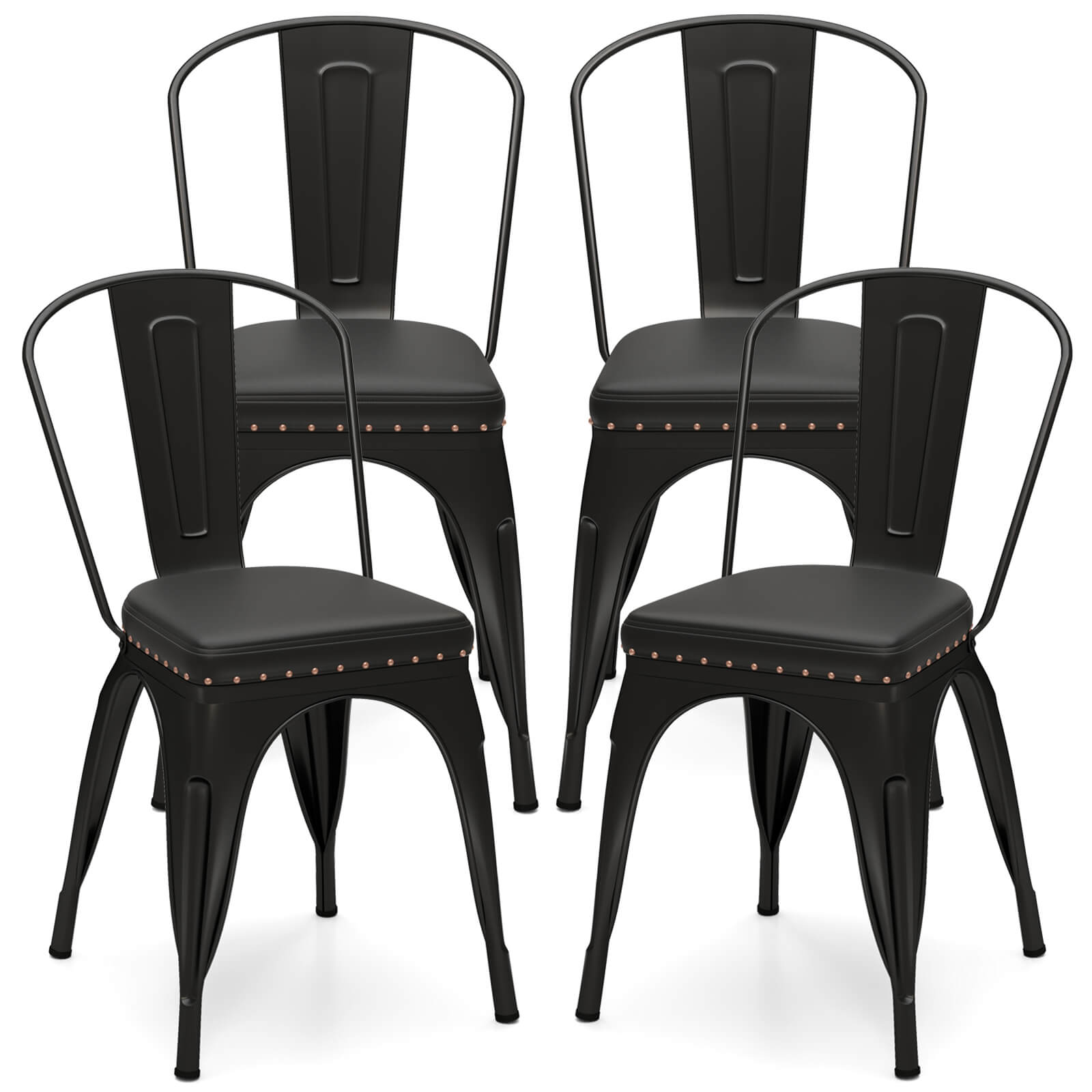 Front. Costway - Costway Stackable Metal Dining Chairs Set of 4 w/ Backrest & PU Leather Padded Seat - Black.