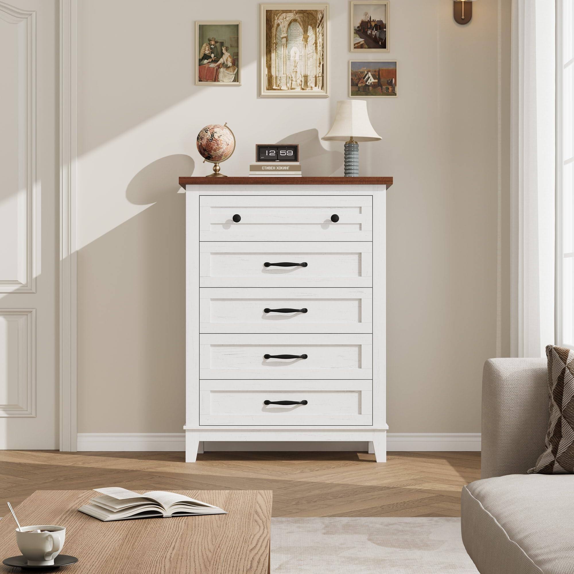 Alt View 2. Jojoka - 5 Drawer Dresser for Bedroom, Tall Freestanding Chest with Wood Frame and Vertical Storage - Brown+White.