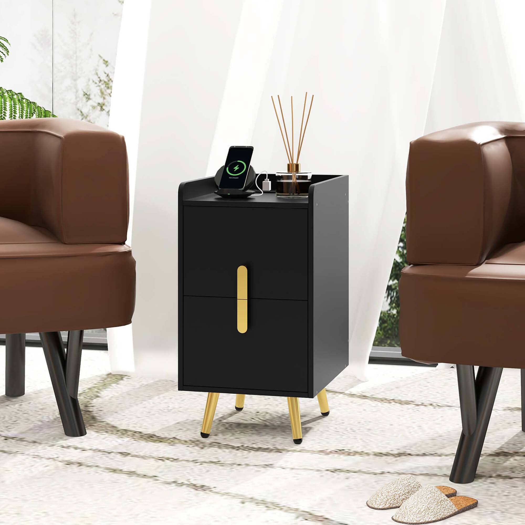 Back. Costway - Nightstand with Charging Station Home Bedside Sofa Side Tables with 2 Drawers Cafe - Black.