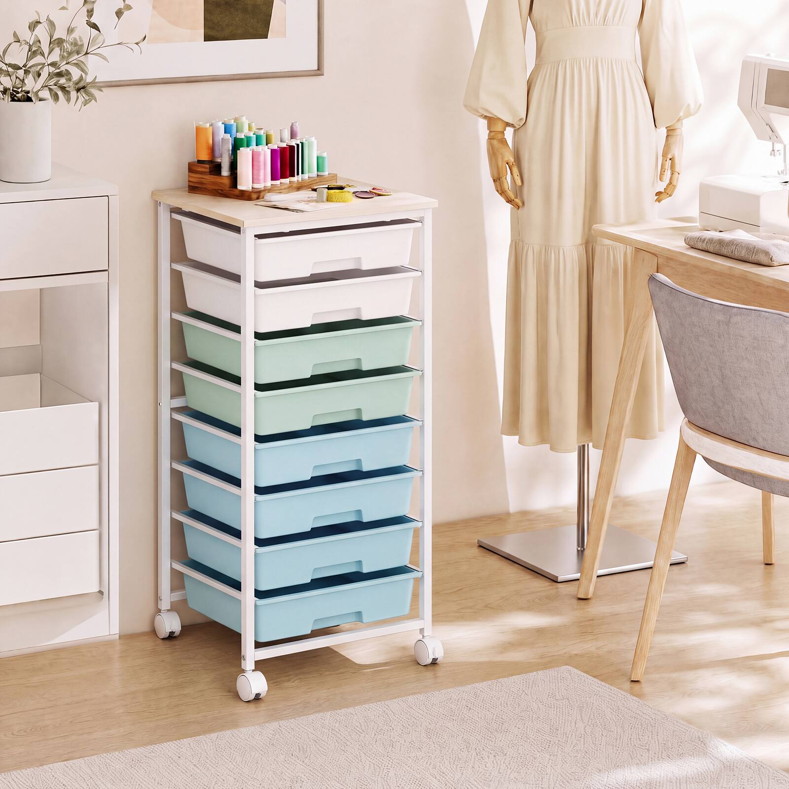 Alt View 3. Costway - Costway 8-Drawer Art & Craft Storage Cart, Storage Cart with 4 Universal Wheels, Metal Frame for Home 15"L - 15"L Green Gradient.
