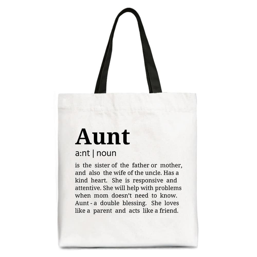 OrnamentallyYou - Aunt Definition Canvas Tote Bag, Funny Family Gift Shopper - White Black