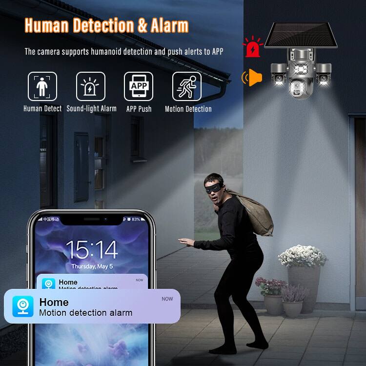 Human Detection & Alarm

The camera supports humanoid detection and push alerts to APP

- Human Detect
- Sound-light Alarm
- APP Push
- Motion Detection

15:14 Thursday, May 5

Home Motion detection alarm NOW