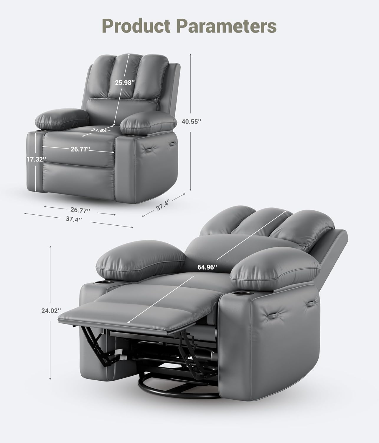 Product Parameters

- Height: 25.98"
- Width: 40.55"
- Depth: 21.65"
- Seat Height: 17.32"
- Seat Width: 26.77"
- Seat Depth: 26.77"
- Armrest Height: 37.4"
- Backrest Height: 37.4"
- Overall Length: 64.96"
- Footrest Height: 24.02"