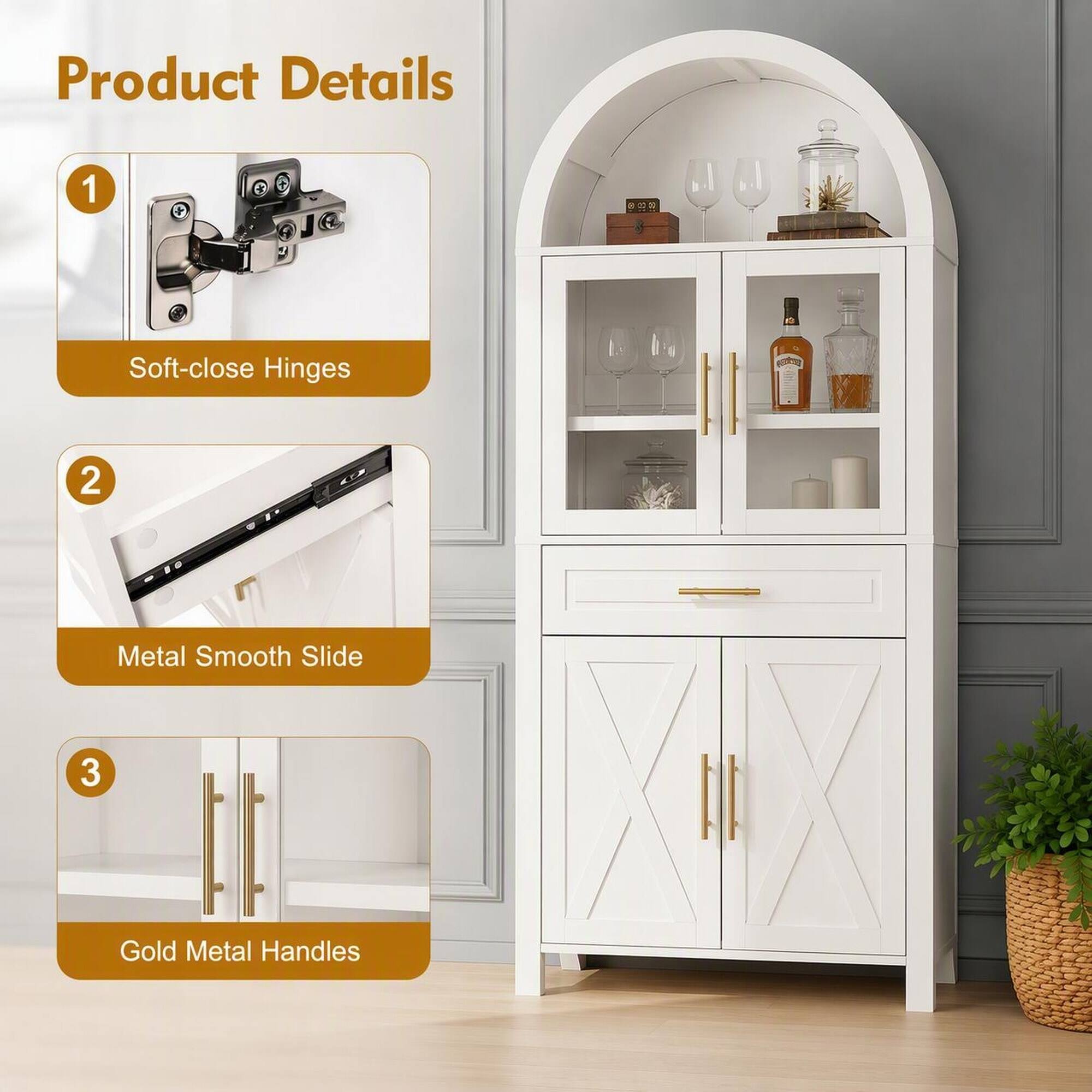 Product Details
1. Soft-close Hinges
2. Metal Smooth Slide
3. Gold Metal Handles