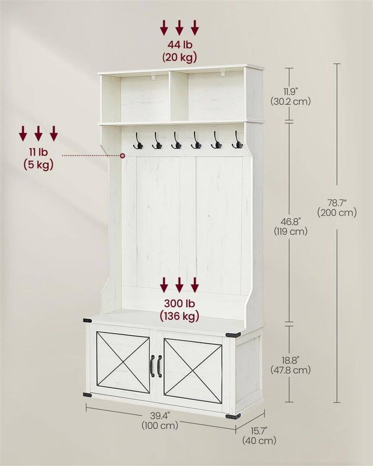 44 lb (20 kg)  
11.9" (30.2 cm)  
11 lb (5 kg)  
78.7" (200 cm)  
46.8" (119 cm)  
300 lb (136 kg)  
18.8" (47.8 cm)  
39.4" (100 cm)  
15.7" (40 cm)