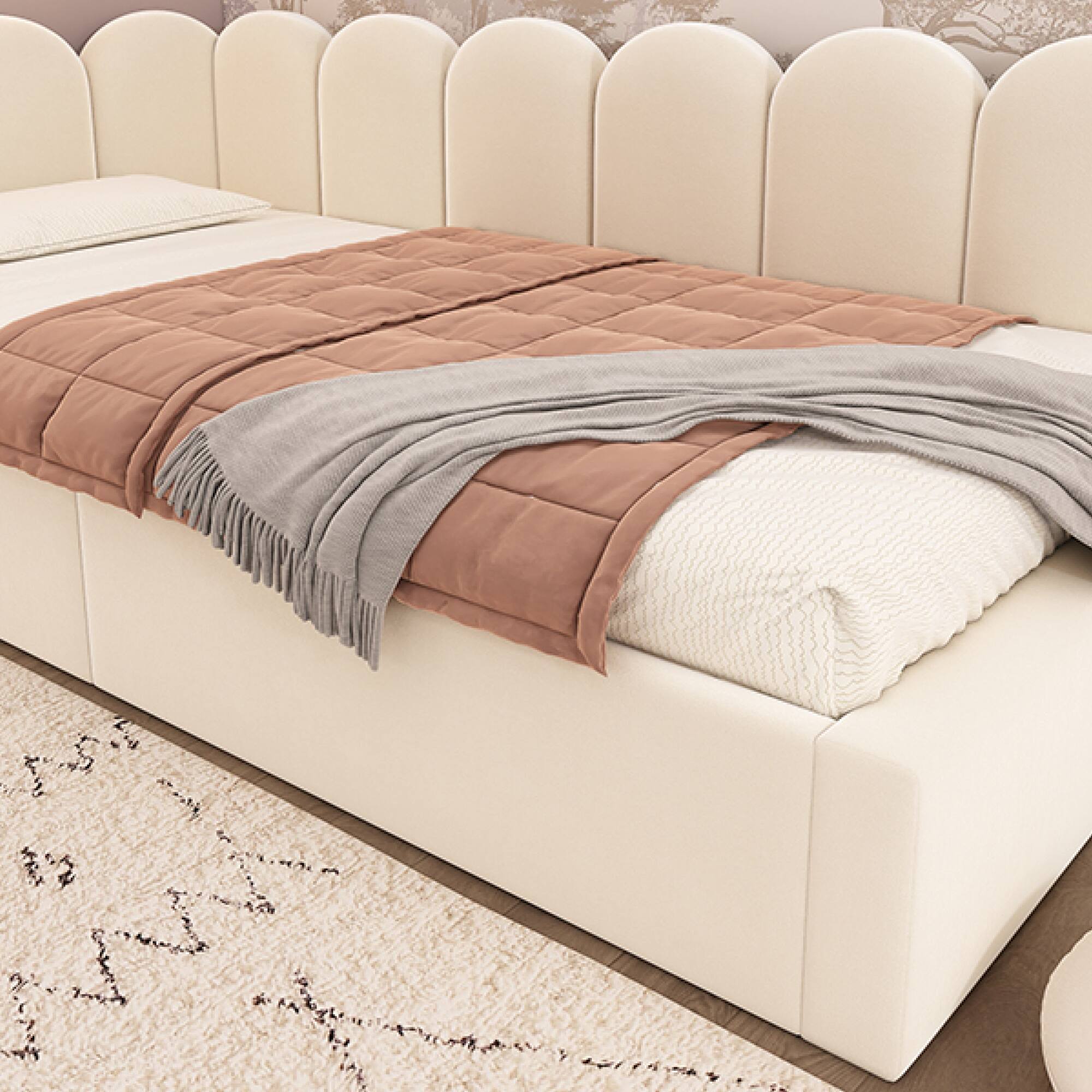 Back. GOODSILO - Upholstered Daybed with Hydraulic Storage, Twin Size Sofa Bed Frame with Metal Slats and Velvet Covering - Beige.