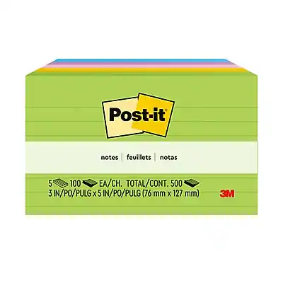 Post-it
notes | feuillets | notas
5 100 EA/CH. TOTAL/CONT. 500
3 IN/PO/PULG x 5 IN/PO/PULG (76 mm x 127 mm)
3M