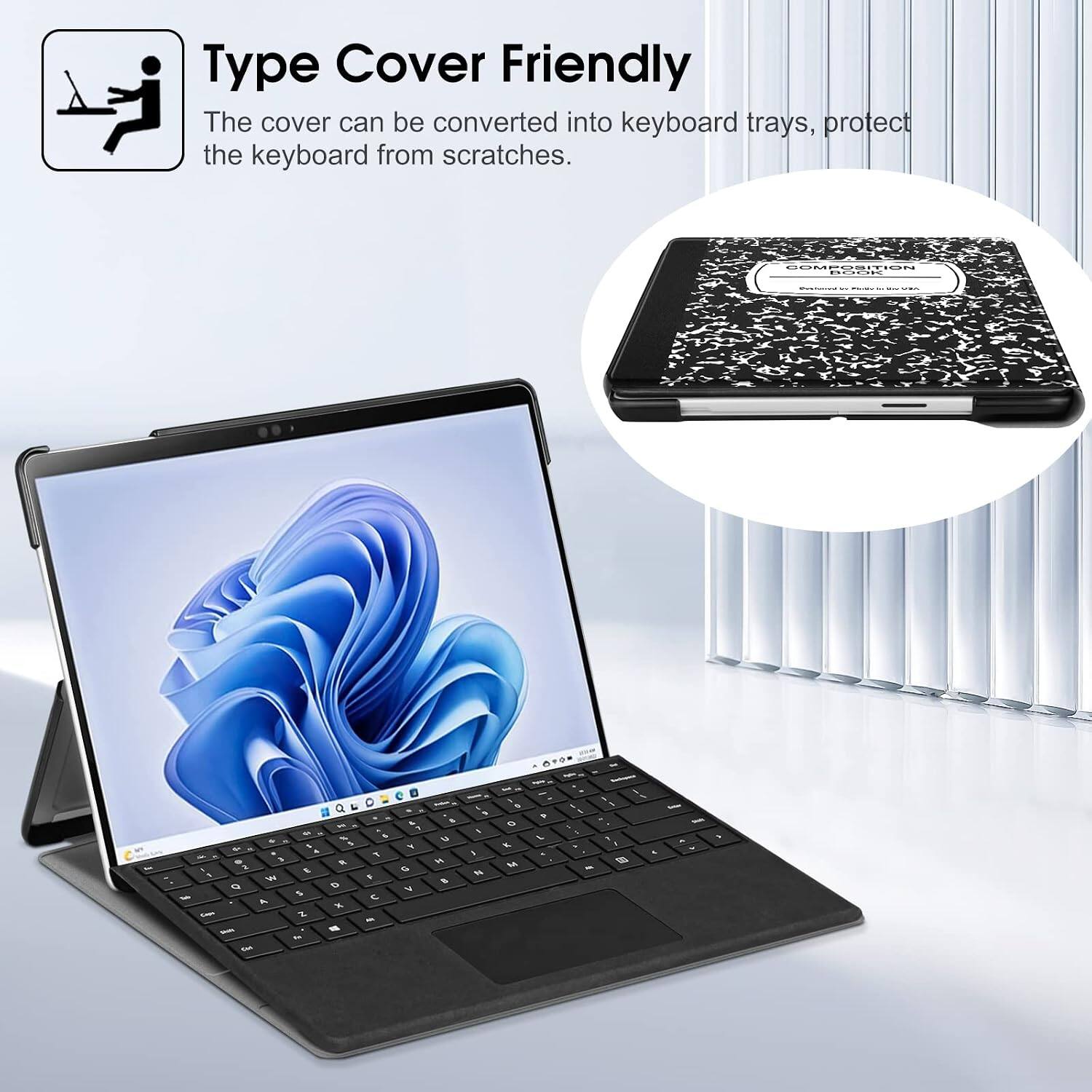 Type Cover Friendly  
The cover can be converted into keyboard trays, protect the keyboard from scratches.  

COMPOSITION BOOK  
COMMUNICOMICS.COM  

A OTON  

18 % & 5 + - , 0 9. I 2 8 % W Q 0 - S A X Caps Z - - the the  
. S T F - & , G a u H 9 , - A % - , 0 0 K, M P L  

1. i 1 1 A 1 4 63 1 4. - - + 5