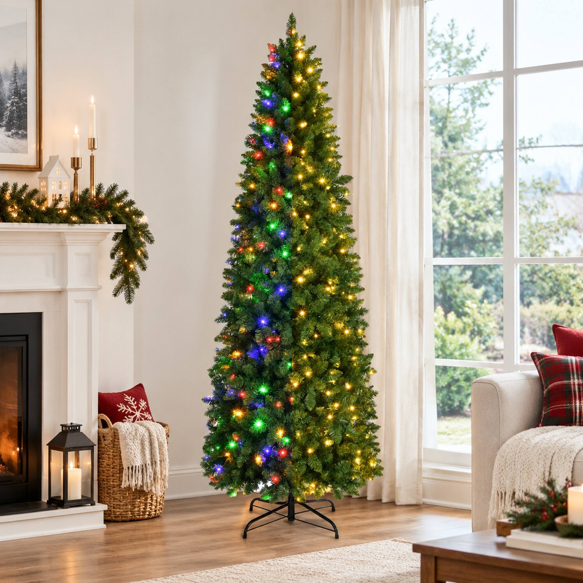 Back. RYHNUYNE - 9FT Pre-Lit Pencil Christmas Tree With Warm White and Multi-Color LED Lights, Realistic Spruce and Metal Base - Green.