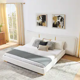 Whisen - Upholstered Platform Bed,Soft Chenille Fabric Frame with Curved Headboard & Metal Legs - Beige