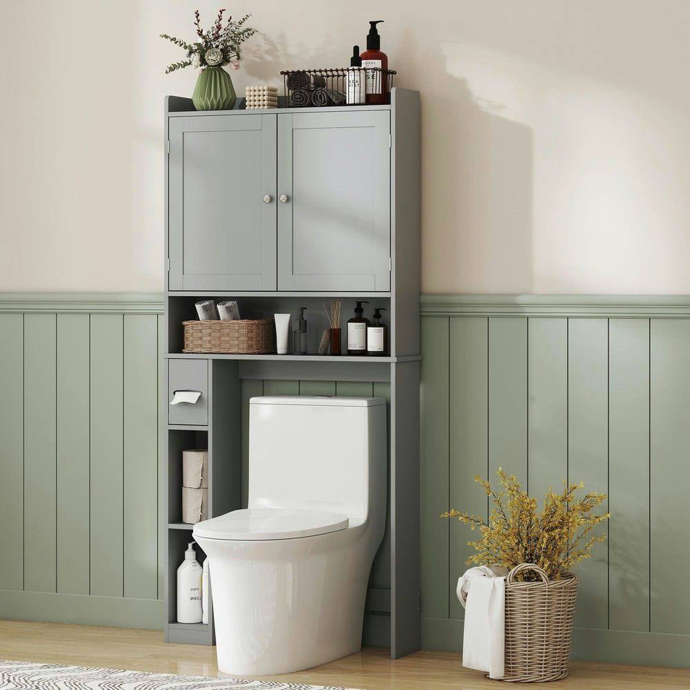 Angle. Kadyn - Modern Over the Toilet Storage Cabinet with 2 Doors, Above Commode Storage Cabinet with Toilet Paper Holder, Gray - Gray.