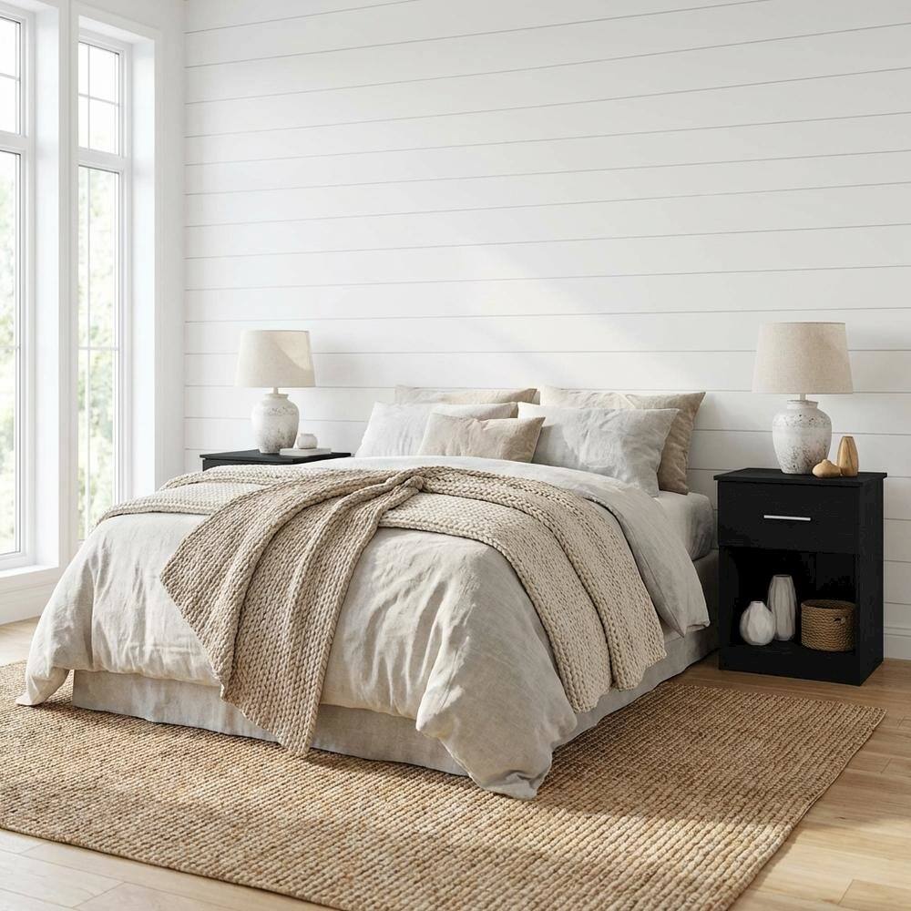 Angle. FurniFact - Americano Nightstand Set, Single Drawer, Handle, Modern Bedroom Storage Solution - Americano.