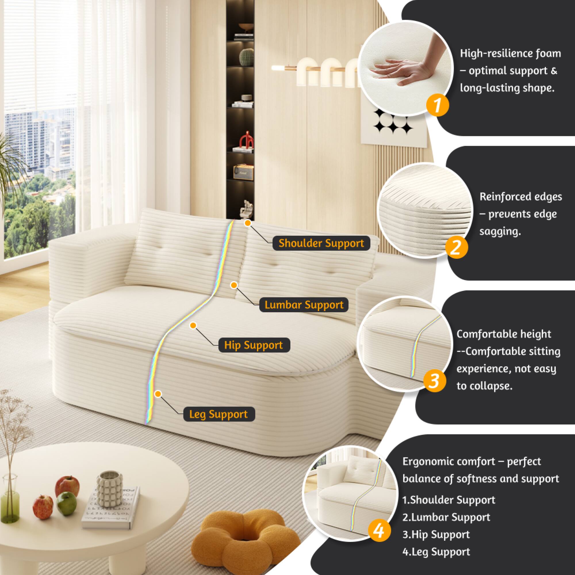 GG High-resilience foam - optimal support & long-lasting shape.  
1. Shoulder Support  
   - Reinforced edges - prevents edge sagging.  
2. Lumbar Support  
3. Hip Support  
   - Comfortable height -- Comfortable sitting experience, not easy to collapse.  
4. Leg Support  

Ergonomic comfort - perfect balance of softness and support  
1. Shoulder Support  
2. Lumbar Support  
3. Hip Support  
4. Leg Support