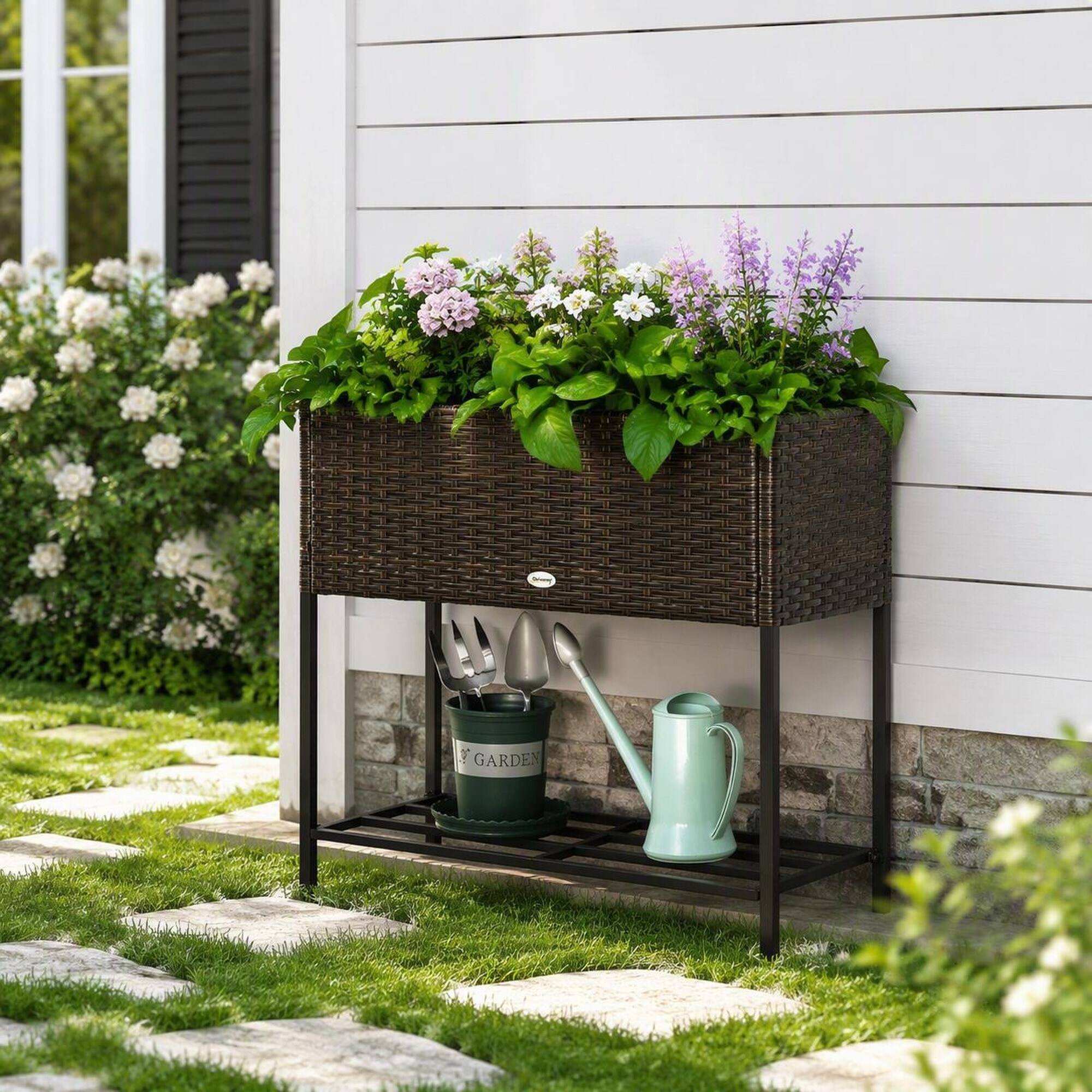 Angle. RYHNUYNE - Outsunny Raised Garden Bed, Elevated Planter Box with Rattan Wicker Look, Tool Storage Shelf, Portable Design - Brown.