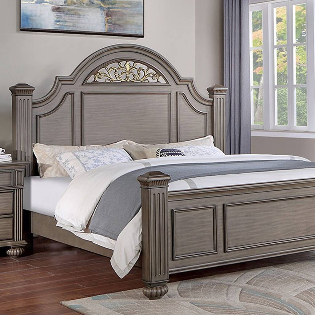 Left. Tiramisubest - King Size Gray Panel Bed with Floral Headboard, Solid Wood, 93x82x67, 150 lbs - Gray.
