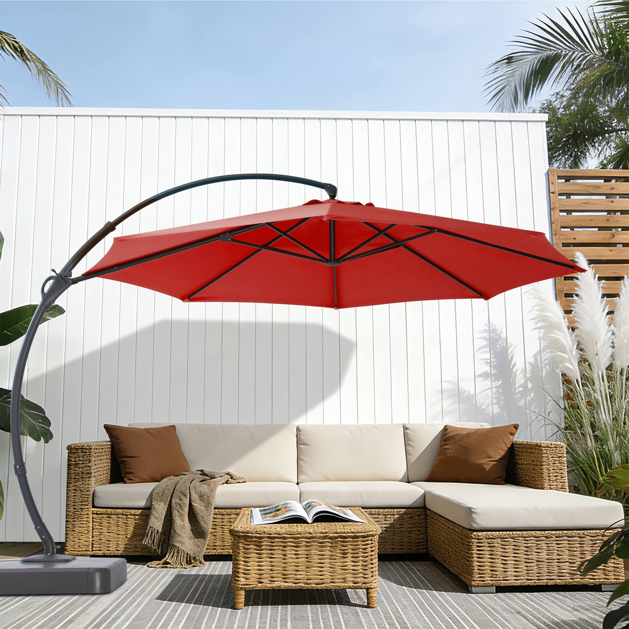 Angle. Yardgrace - 11 FT Heavy Duty Cantilever Patio Umbrella with Base and 360 Rotation for Outdoor Backyard and Pool - Red.