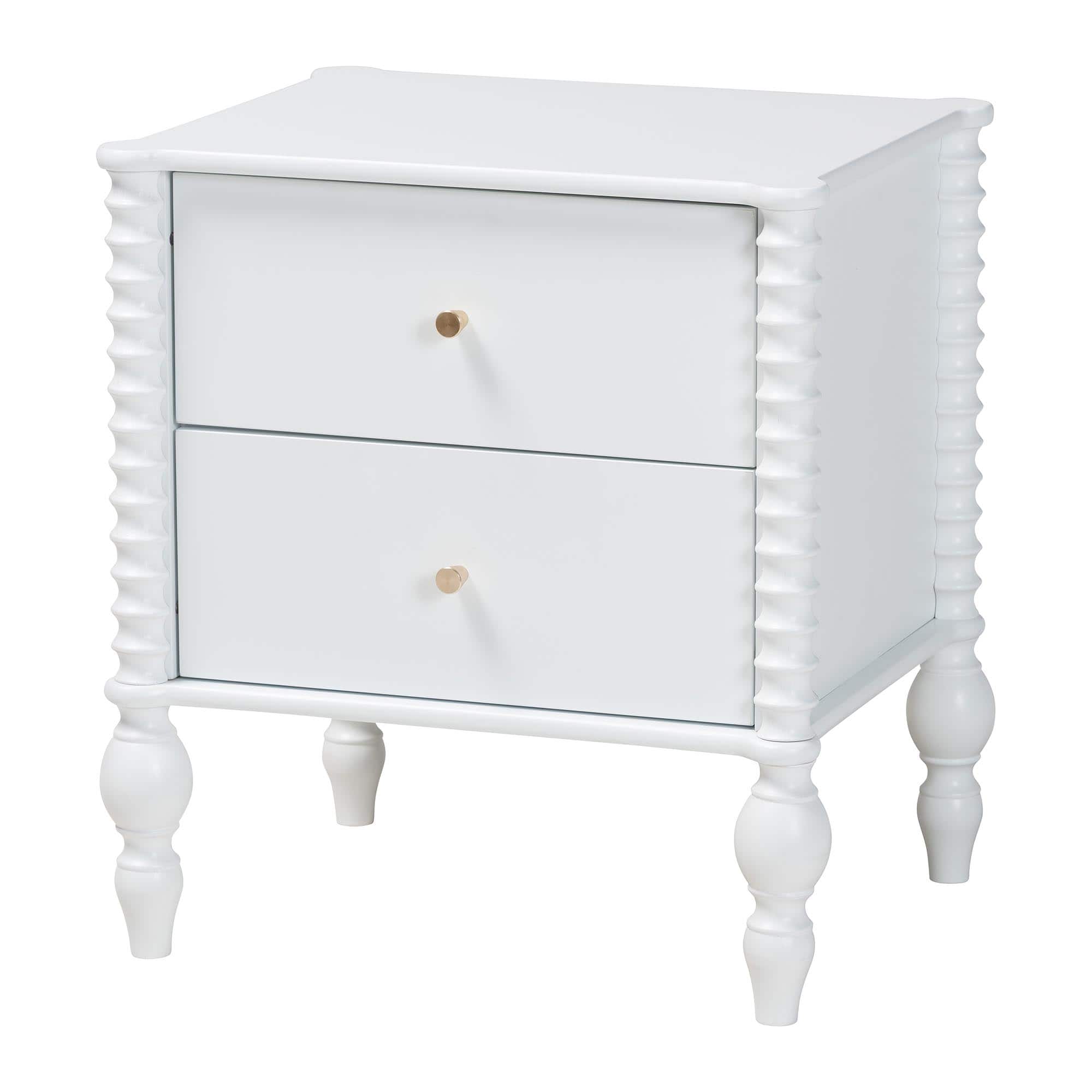 Baxton Studio - Callison Spindle Nightstand - 2-Drawer Farmhouse Bedside Table with Turned Accents for Bedroom - White
