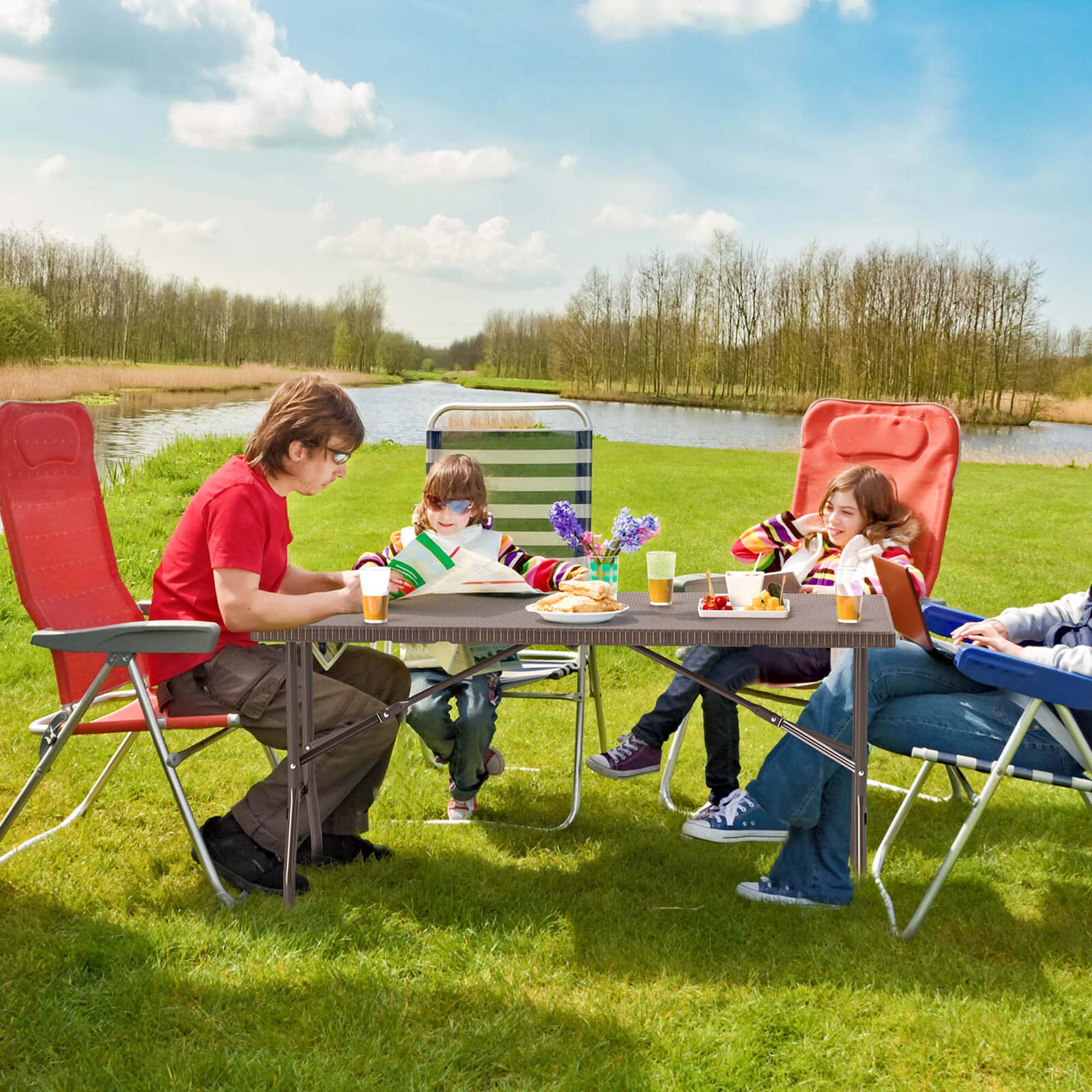 Alt View 3. Costway - Costway 5 ft Folding Picnic Table Outdoor Dining Table with Rattan Grain HDPE Tabletop - Brown.