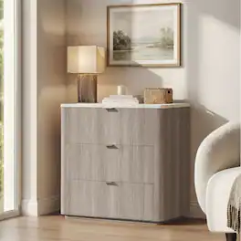 ModernMate - 31.5"W 3 Drawers Dresser Modern Faux Travertine Dresser Chest for Bedroom Living Room - Natural Grey