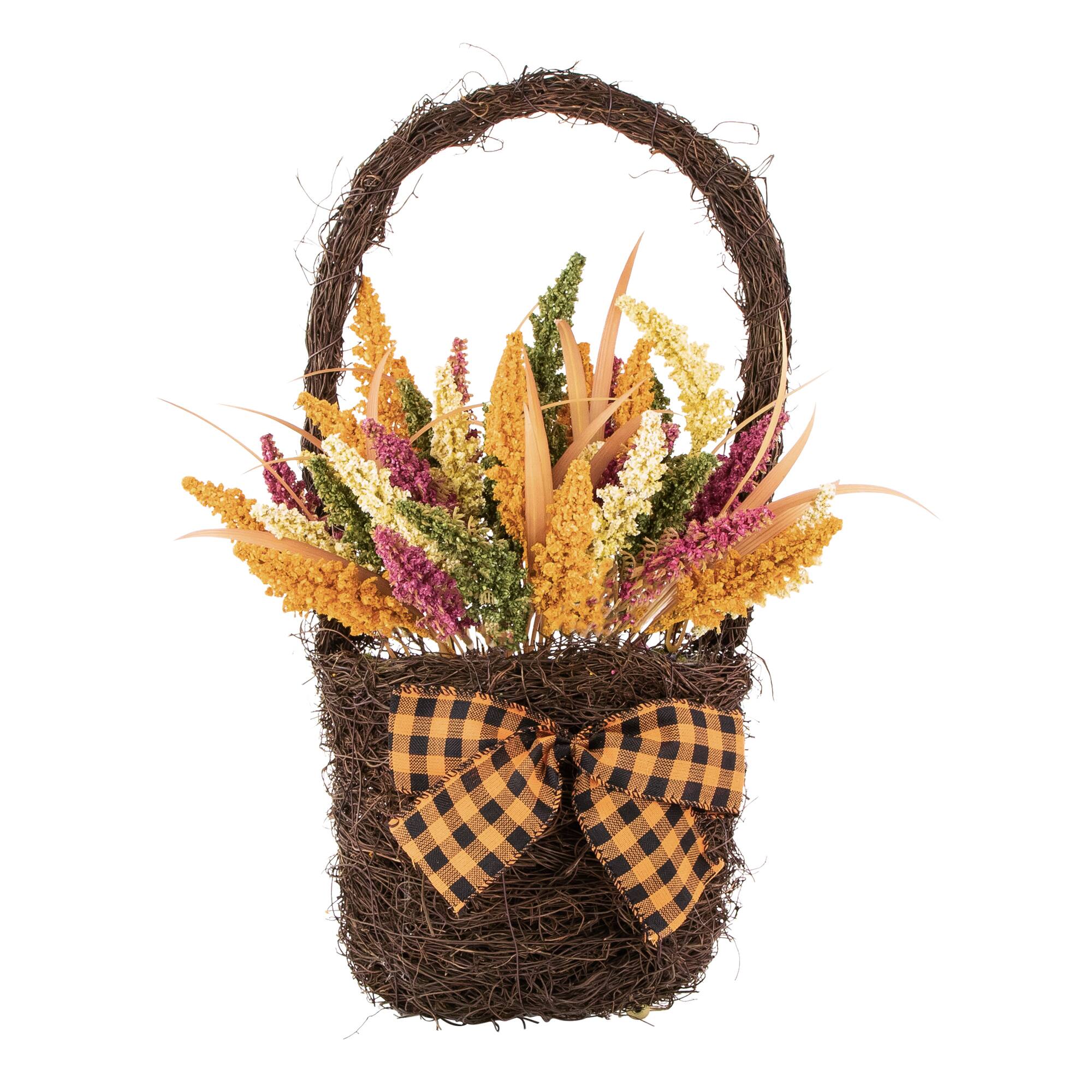 Front. Northlight - Autumn Harvest Hanging Basket with Artificial Foliage and Checkered Bow - 22" - Orange.