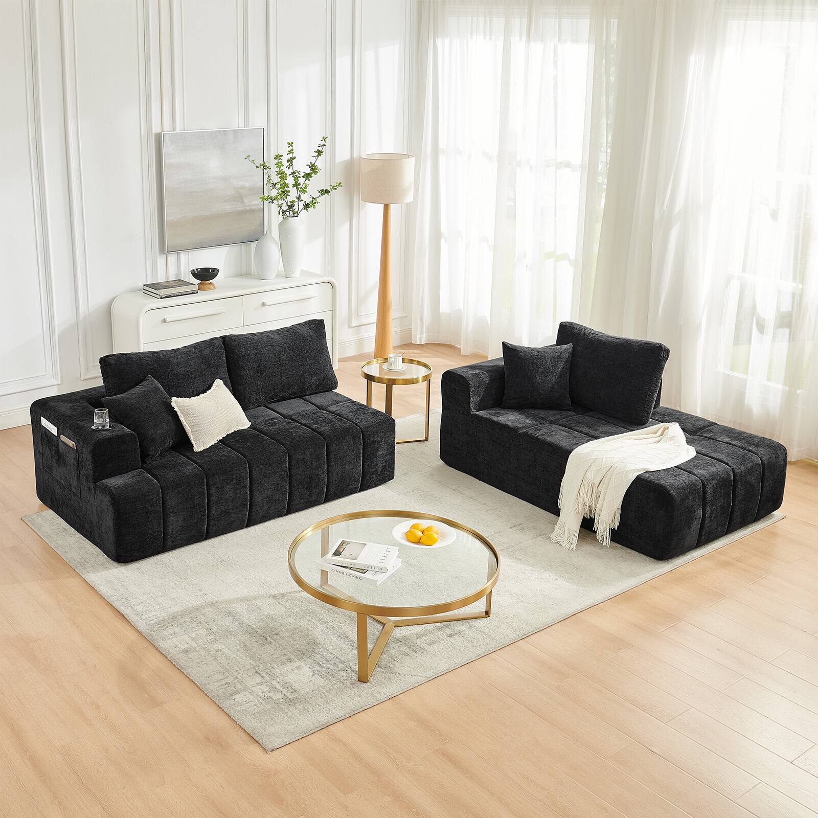 Angle. Anysun - 108" L-Shaped Compression Chenille Sectional Sofa with Right Chaise, Cup Holders & Side Pockets, No Assembly - Black.