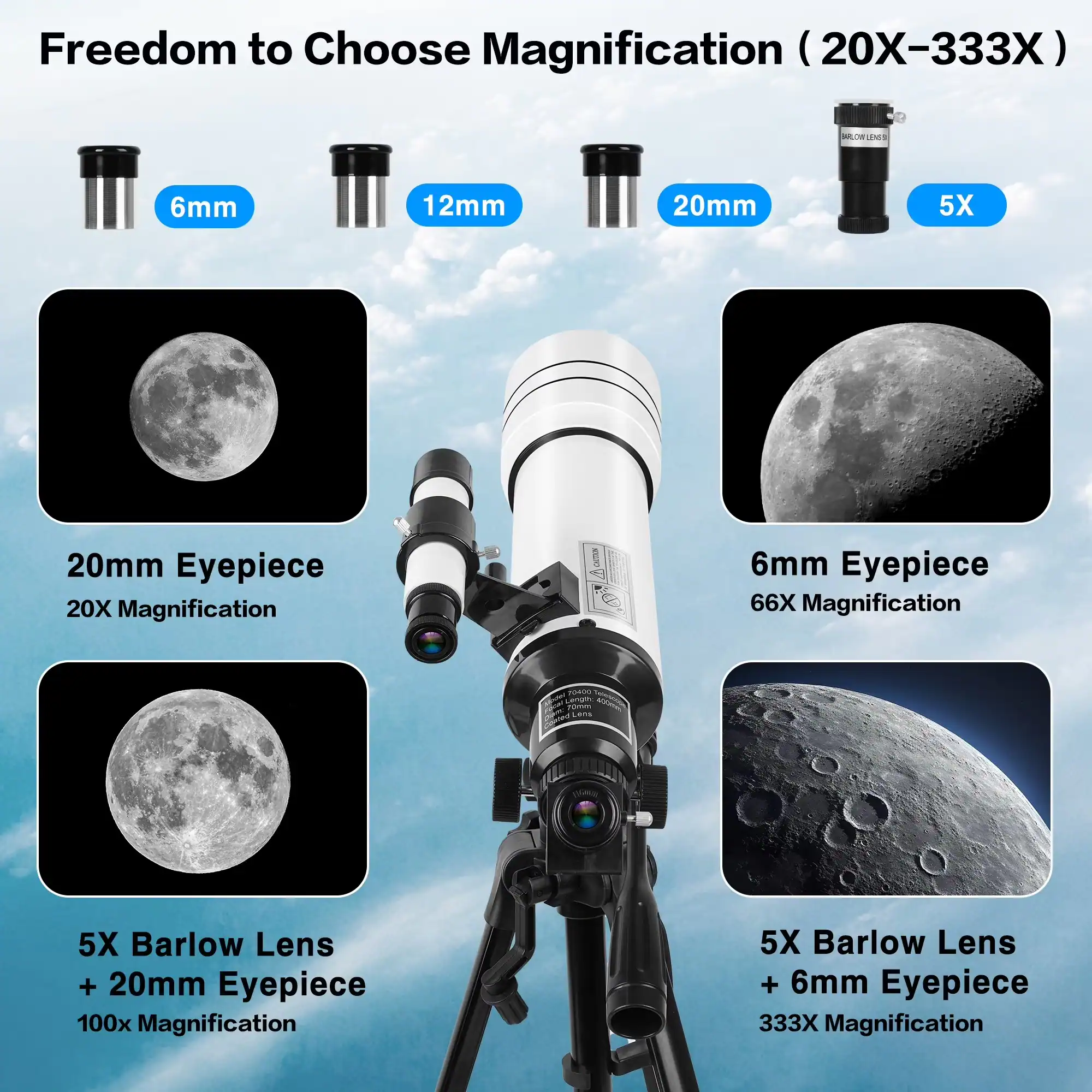 Freedom to Choose Magnification (20X-333X)

- 6mm Eyepiece: 66X Magnification
- 12mm Eyepiece
- 20mm Eyepiece: 20X Magnification
- 5X Barlow Lens

- 5X Barlow Lens + 20mm Eyepiece: 100x Magnification
- 5X Barlow Lens + 6mm Eyepiece: 333X Magnification